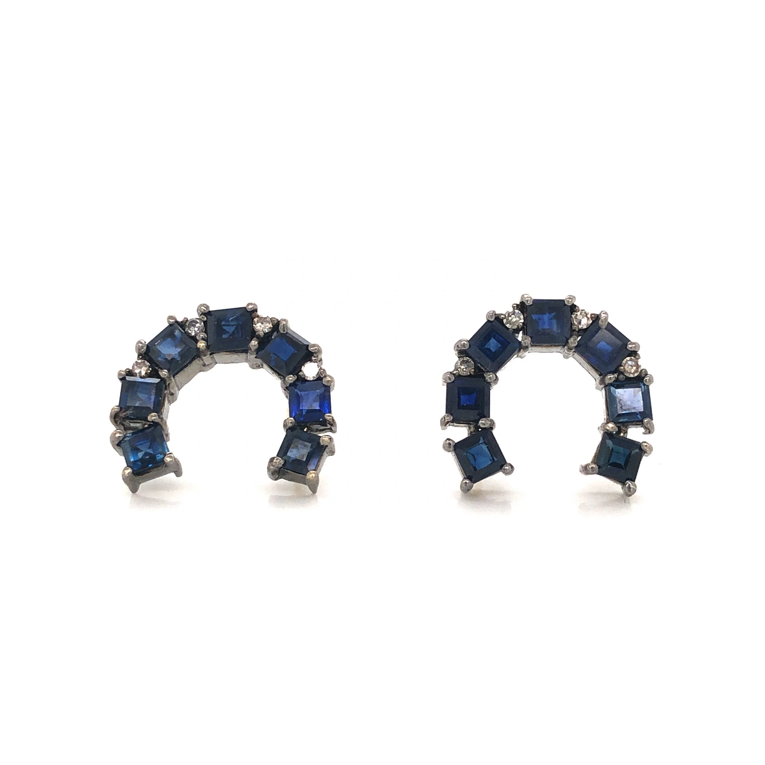 Curved Sapphire & Diamond Stud Earrings in Sterling Silver - Image 5