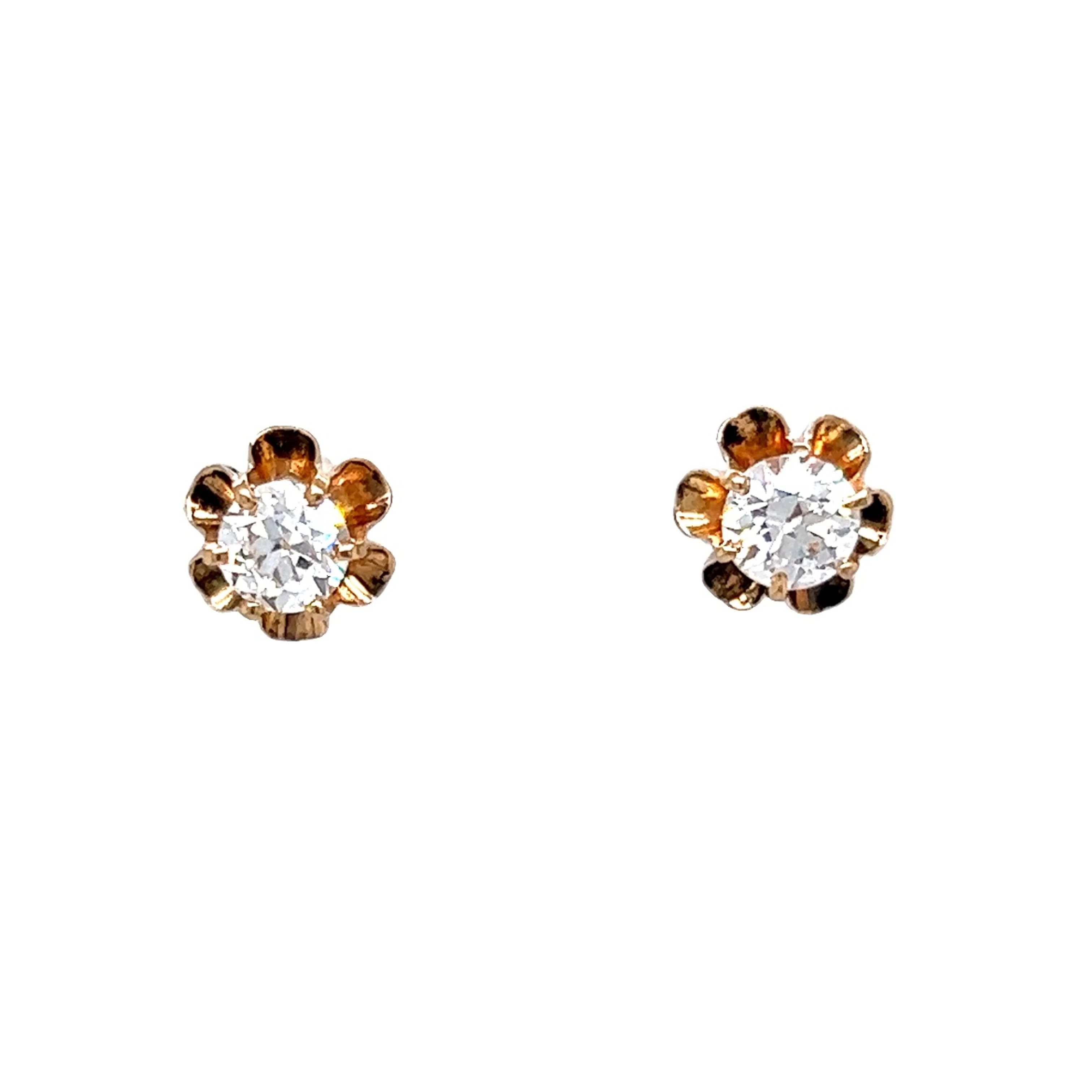 Vintage .90 Old European Cut Diamond Stud Earrings in 14k Yellow Gold
