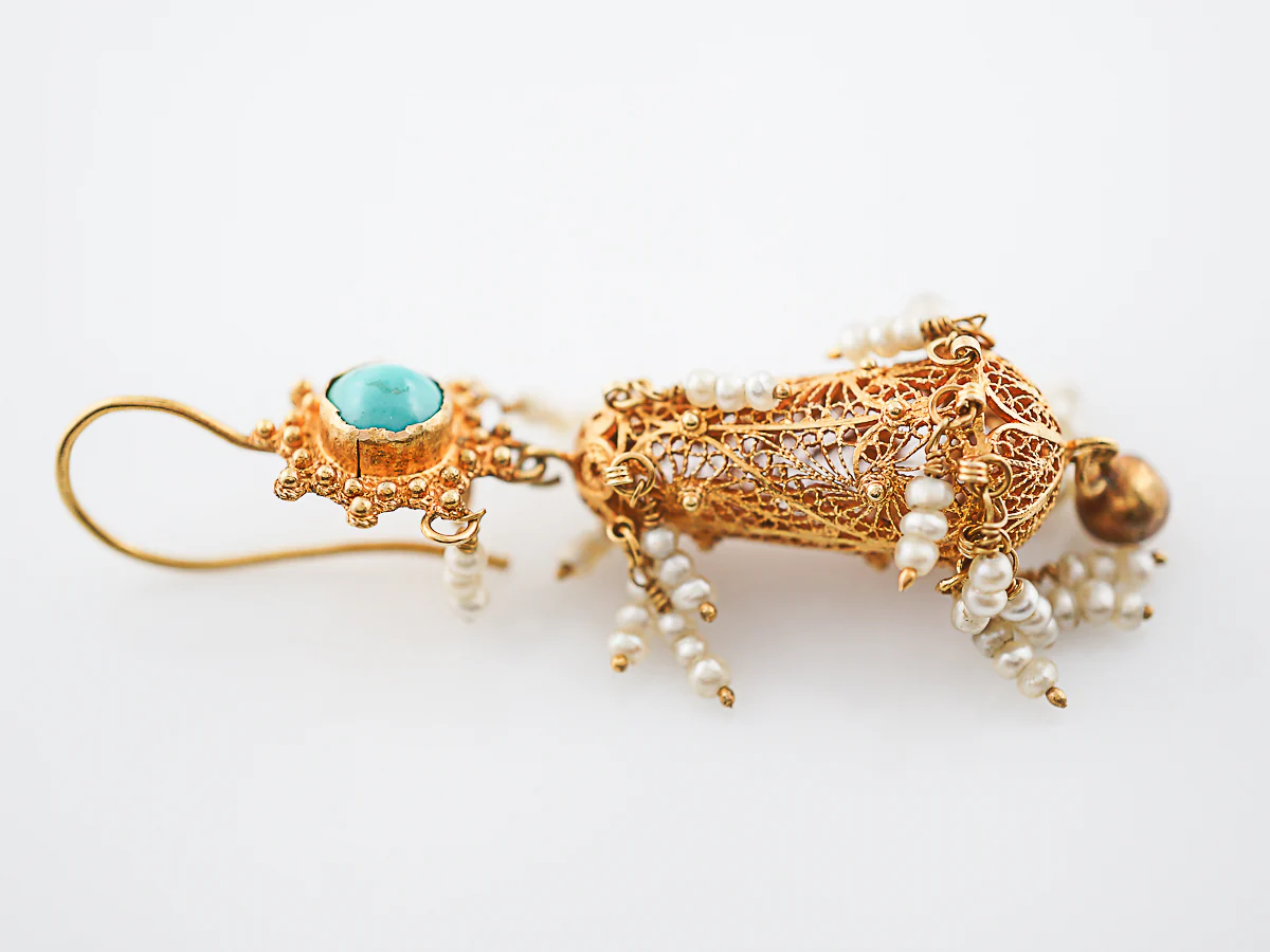 Dangle Drop Earrings Mid Century Cabochon Cut Turquoise & Seed Pearls in 18k Yellow Gold - Image 7