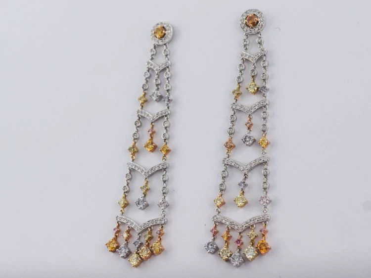 Dangle Earrings Modern 4.17 Round Brilliant Cut Diamonds in 14k White and Yellow Gold - Image 3