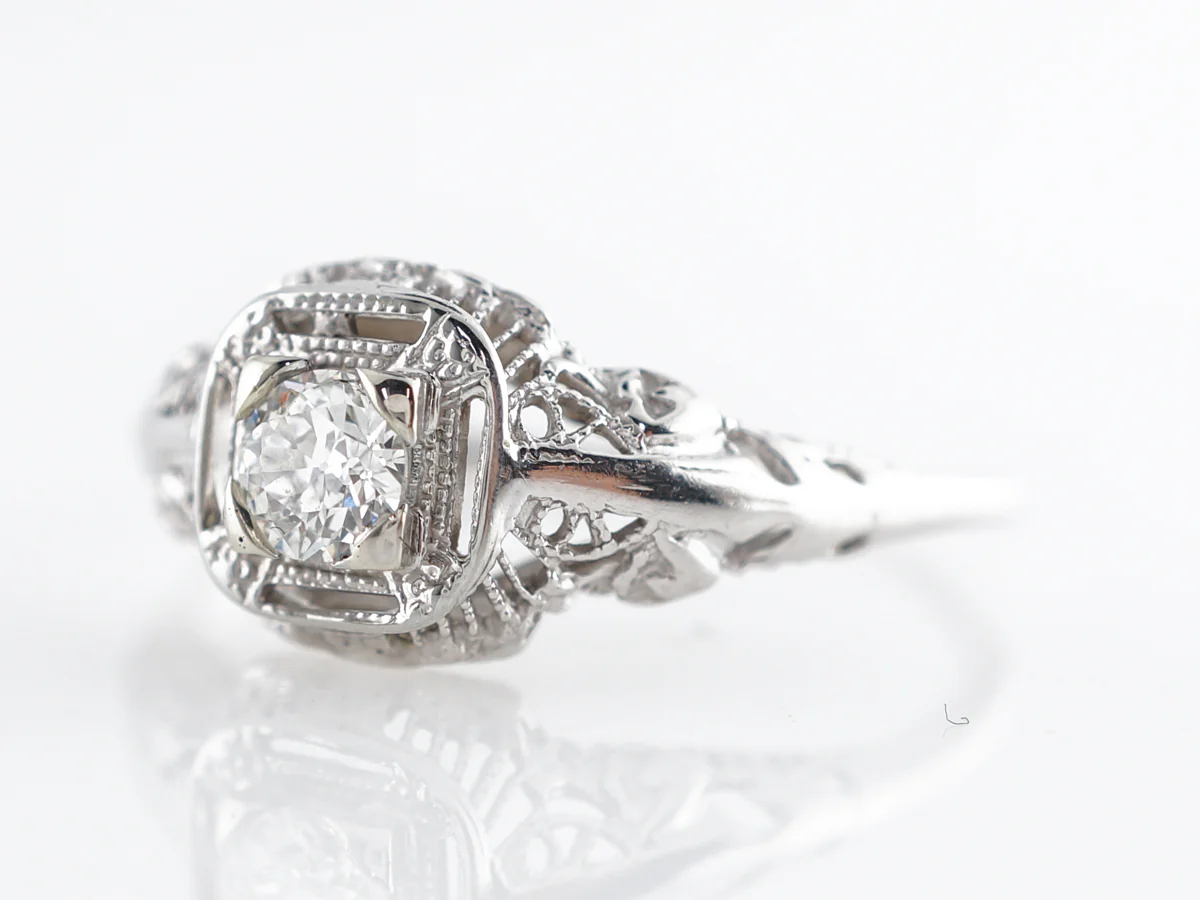Deco Filigree European Cut Engagement Ring in White Gold - Image 2