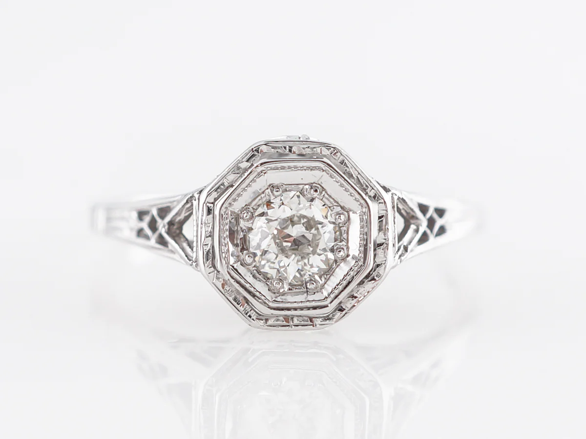 Deco Filigree European Diamond Engagement Ring in 18K