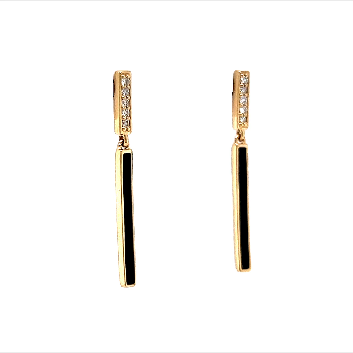 Diamond & Black Enamel Bar Drop Earrings in 14k Yellow Gold - Image 3