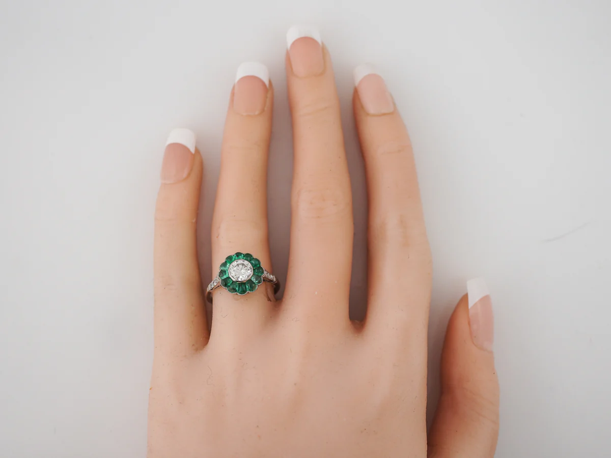 Diamond & Emerald Halo Cocktail Ring in Platinum - Image 5