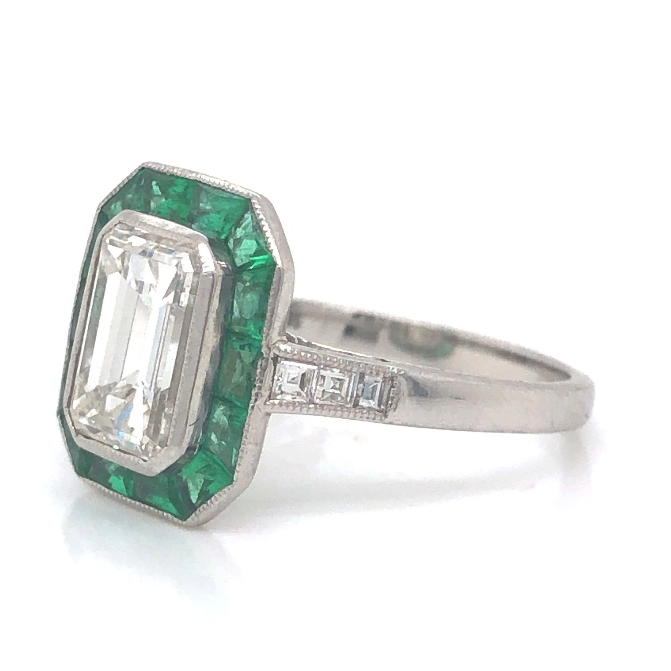 Diamond & French Cut Emerald Halo Engagement Ring in Platinum - Image 2