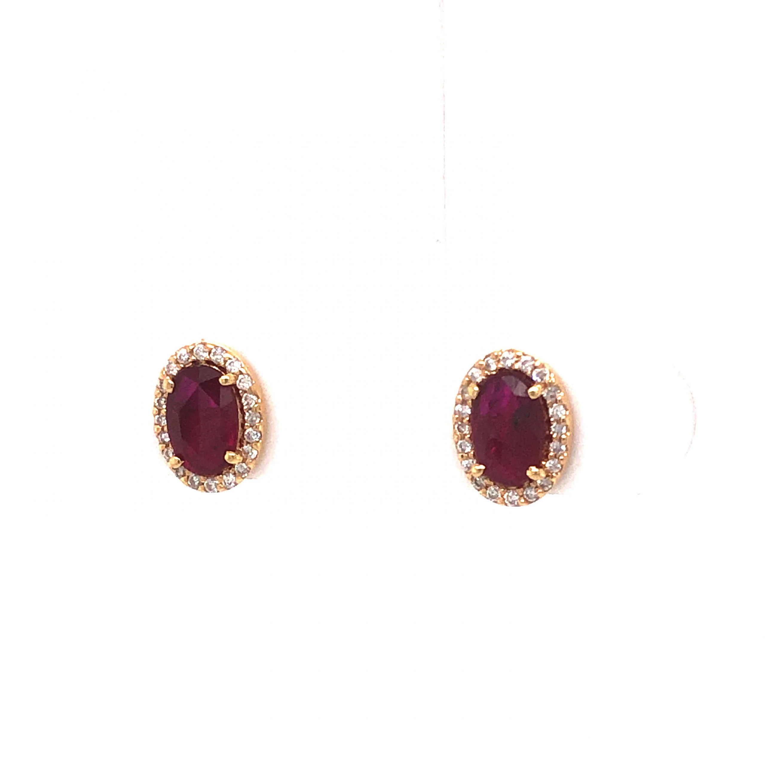 Diamond Halo Ruby Stud Earrings in 18k Yellow Gold - Image 2