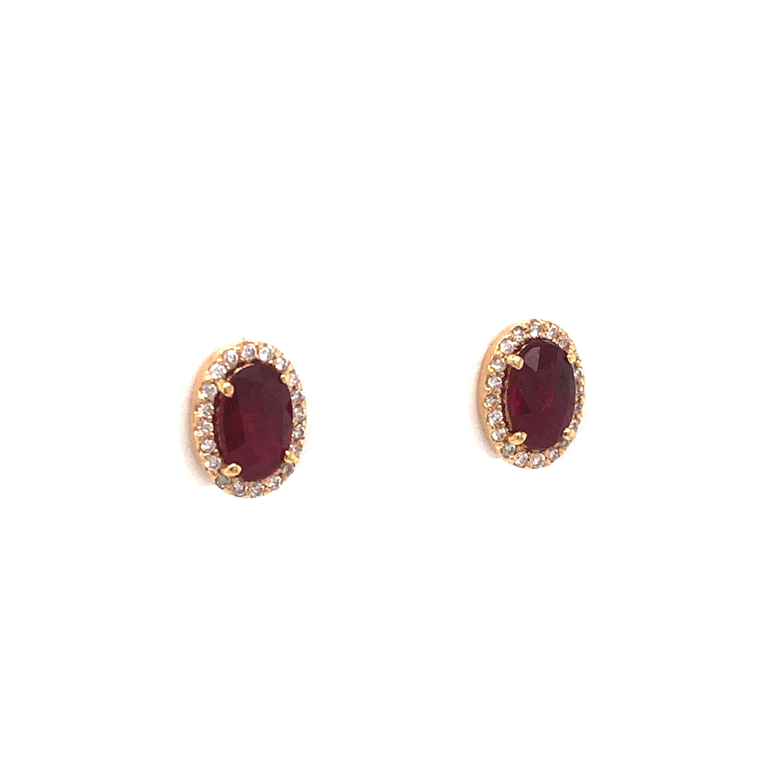 Diamond Halo Ruby Stud Earrings in 18k Yellow Gold - Image 3