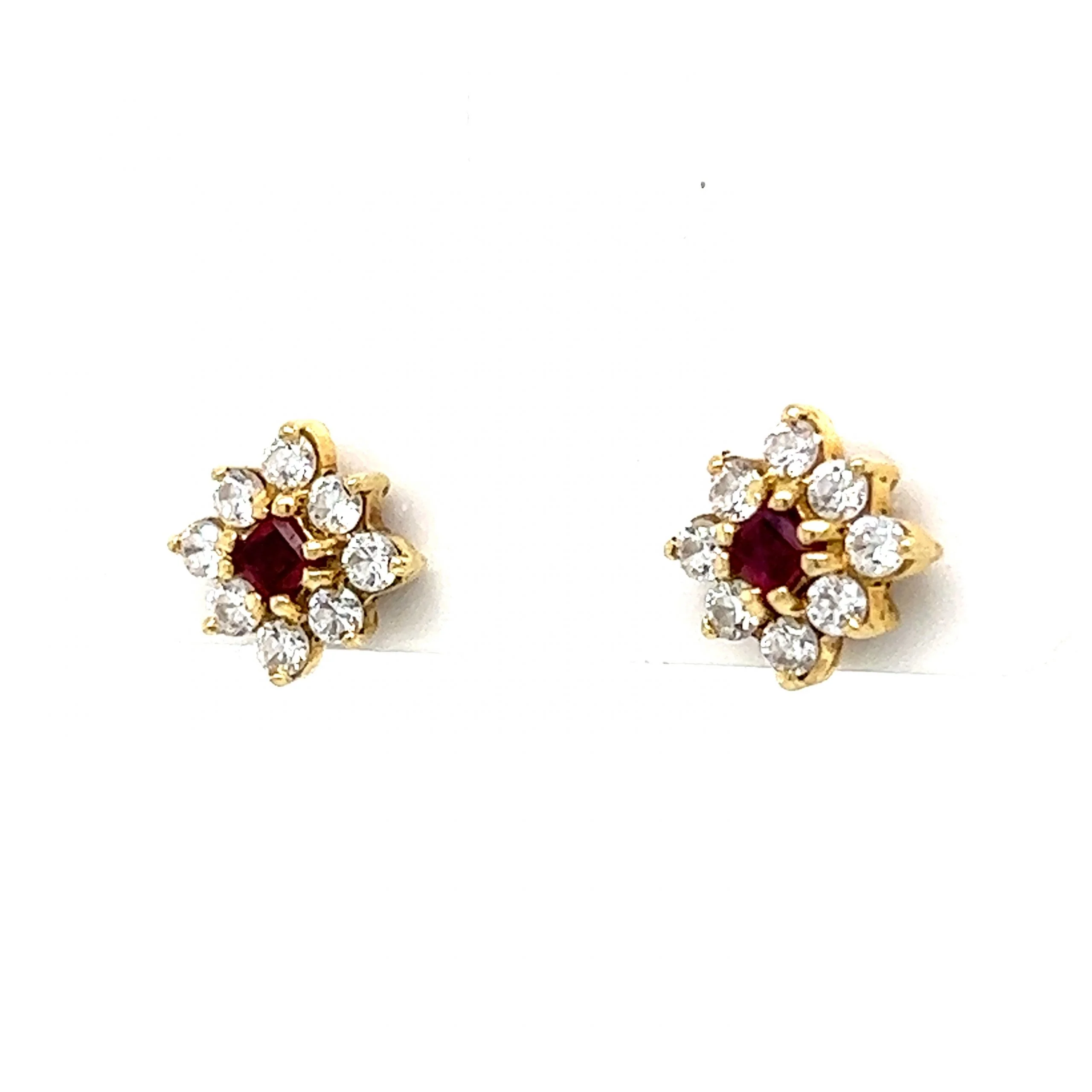 Diamond & Ruby Cluster Stud Earrings in 14k Yellow Gold - Image 2