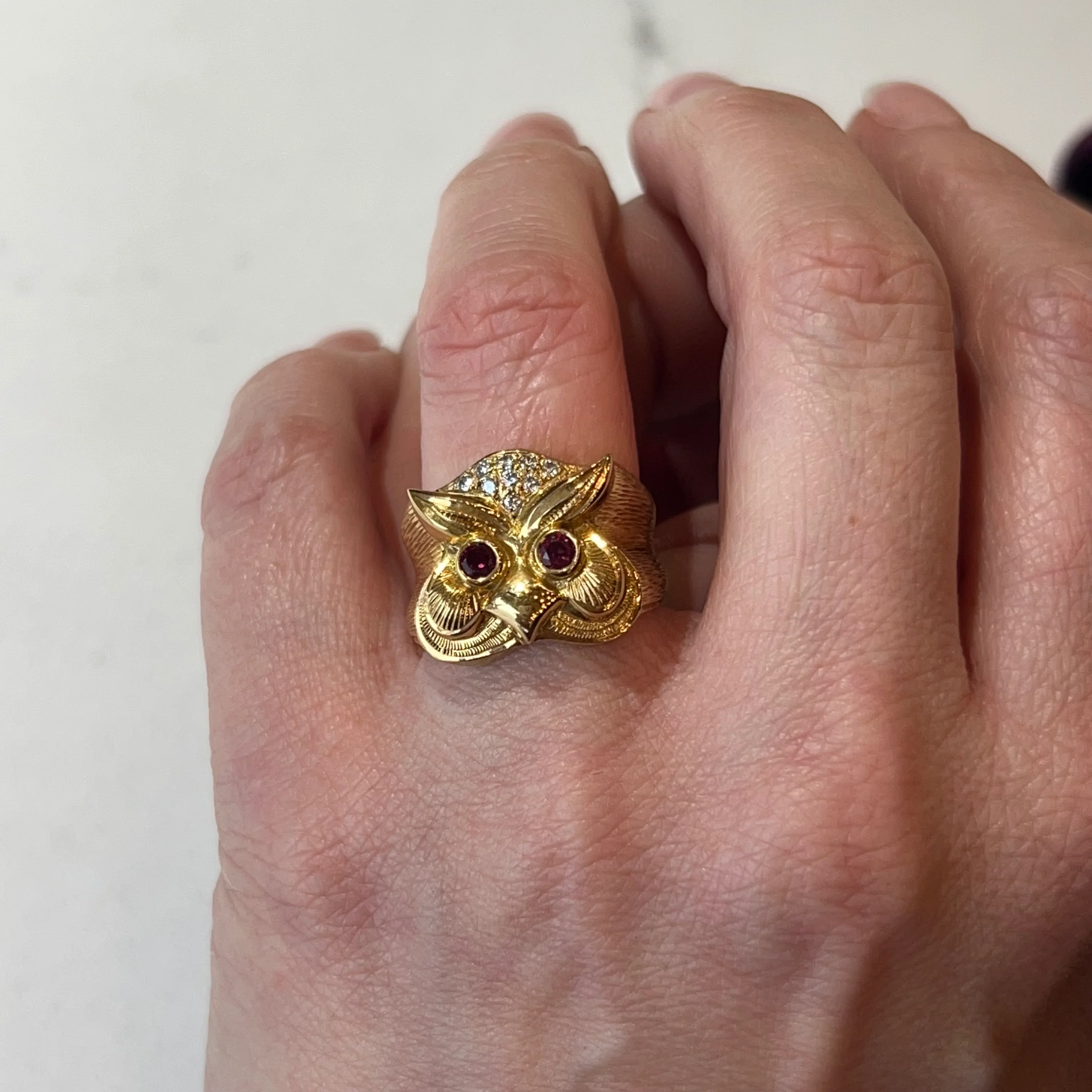 Diamond & Ruby Eyed Owl Cocktail Ring in 18k Yellow Gold - Image 6