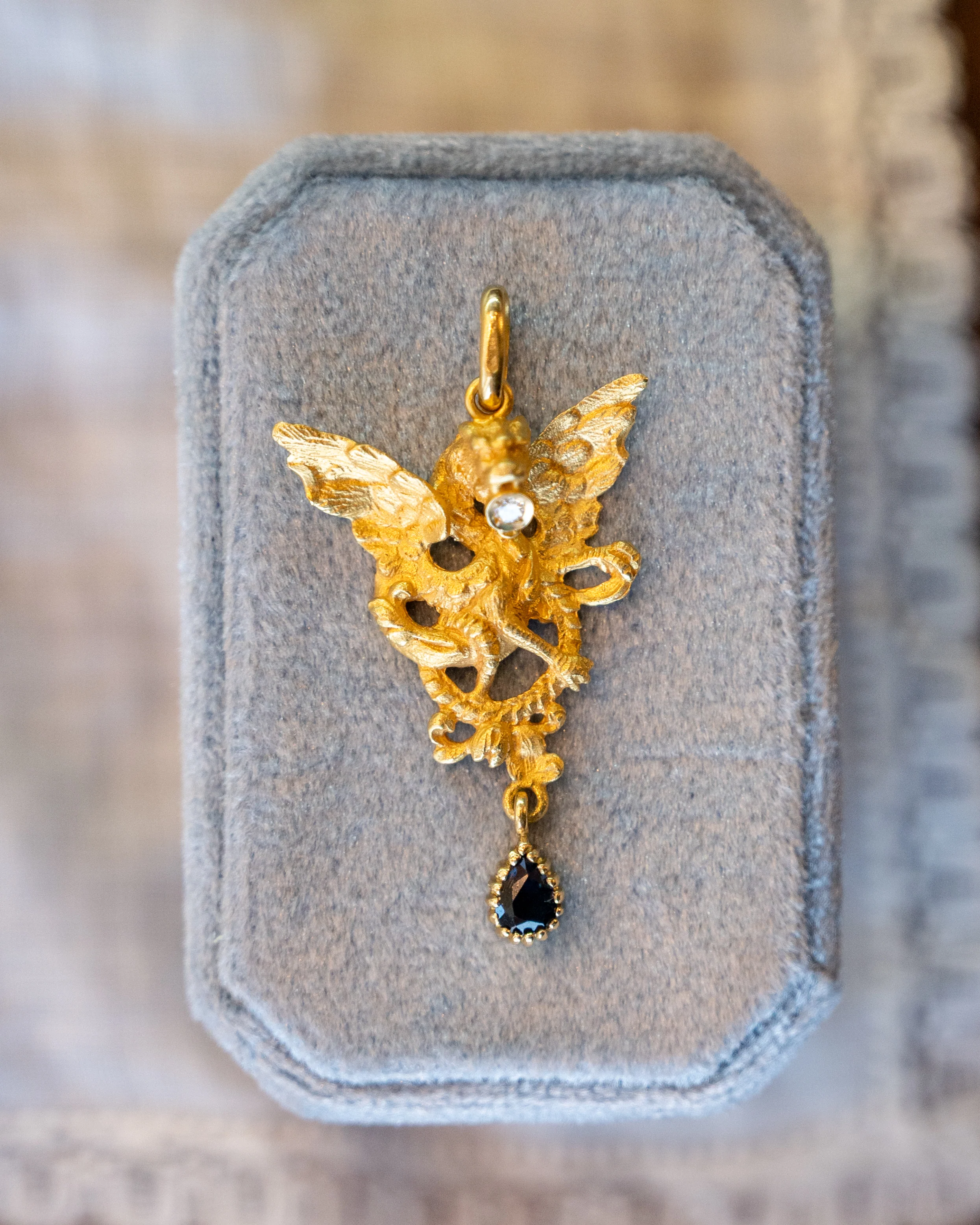 Diamond & Sapphire Dragon Pendant in 22k Yellow Gold - Image 3