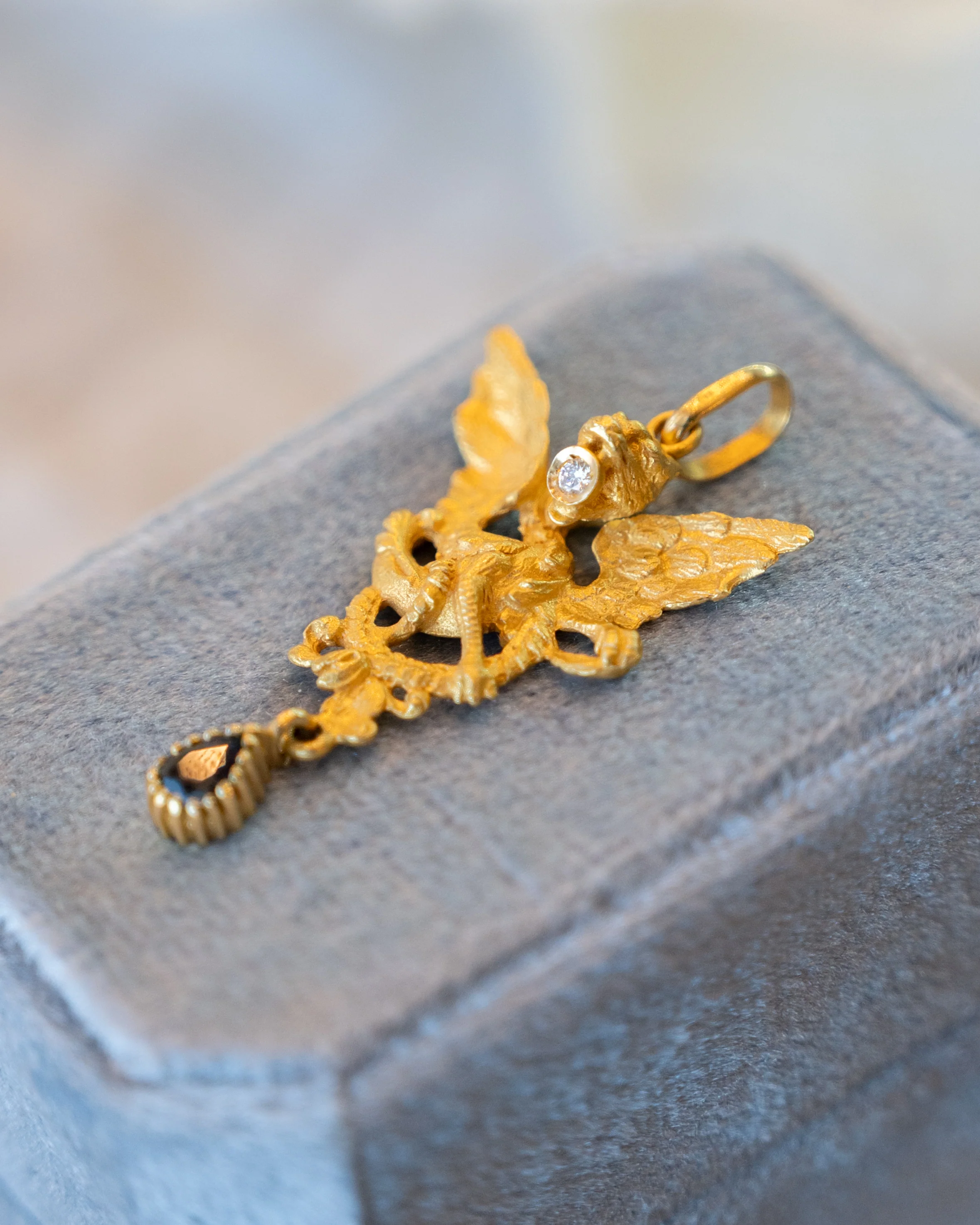 Diamond & Sapphire Dragon Pendant in 22k Yellow Gold - Image 4