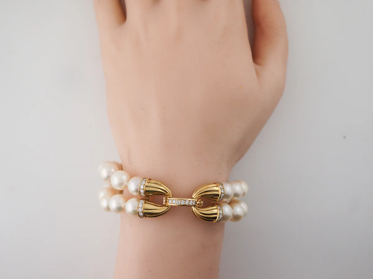 Diamonds & Pearl Cuff Bracelet in 14k Yellow Gold - Image 3