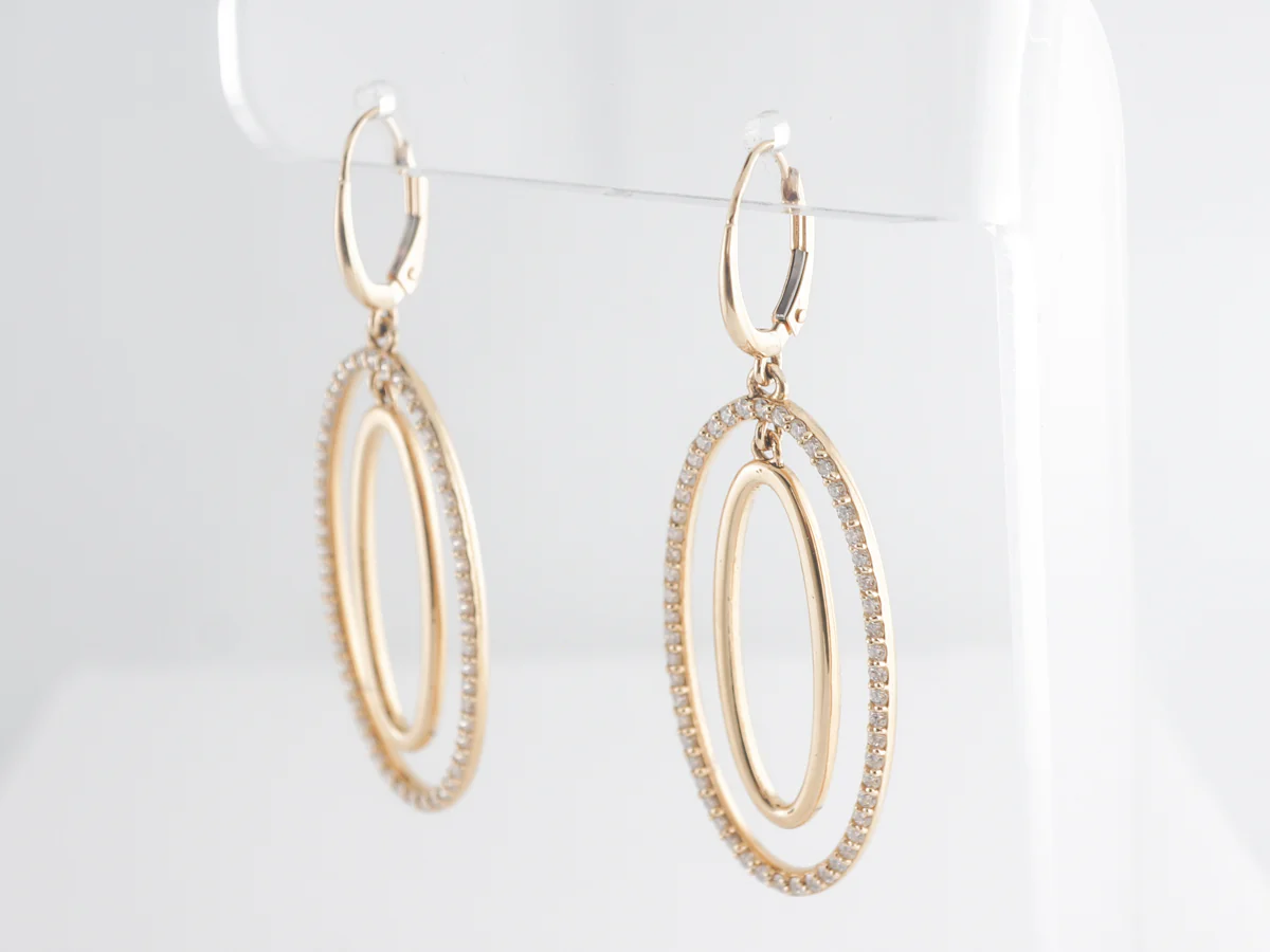 Double Oval Drop Earrings w/ Diamonds in 14k Yellow Gold - Image 2