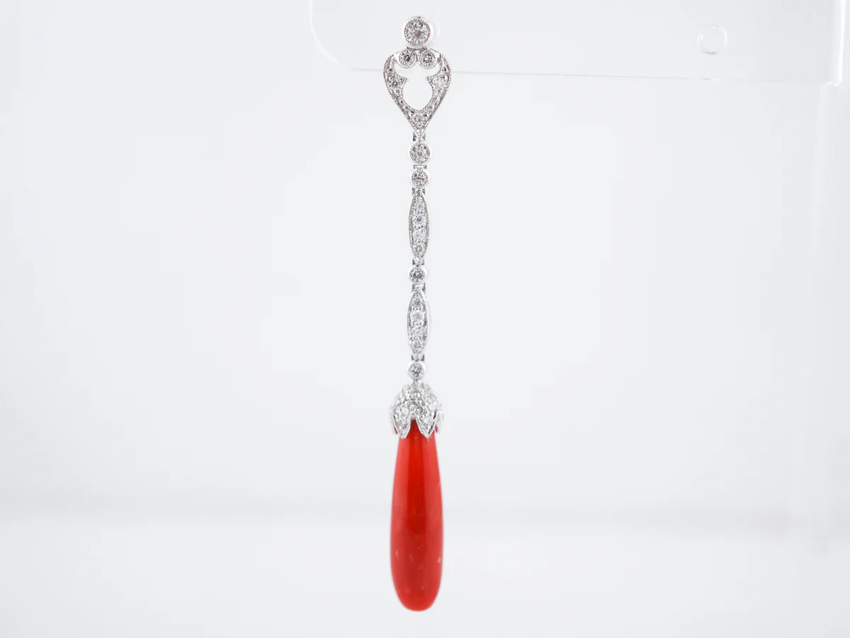 Earrings Modern 1.04 Round Brilliant Cut Diamonds & Coral in Platinum - Image 3