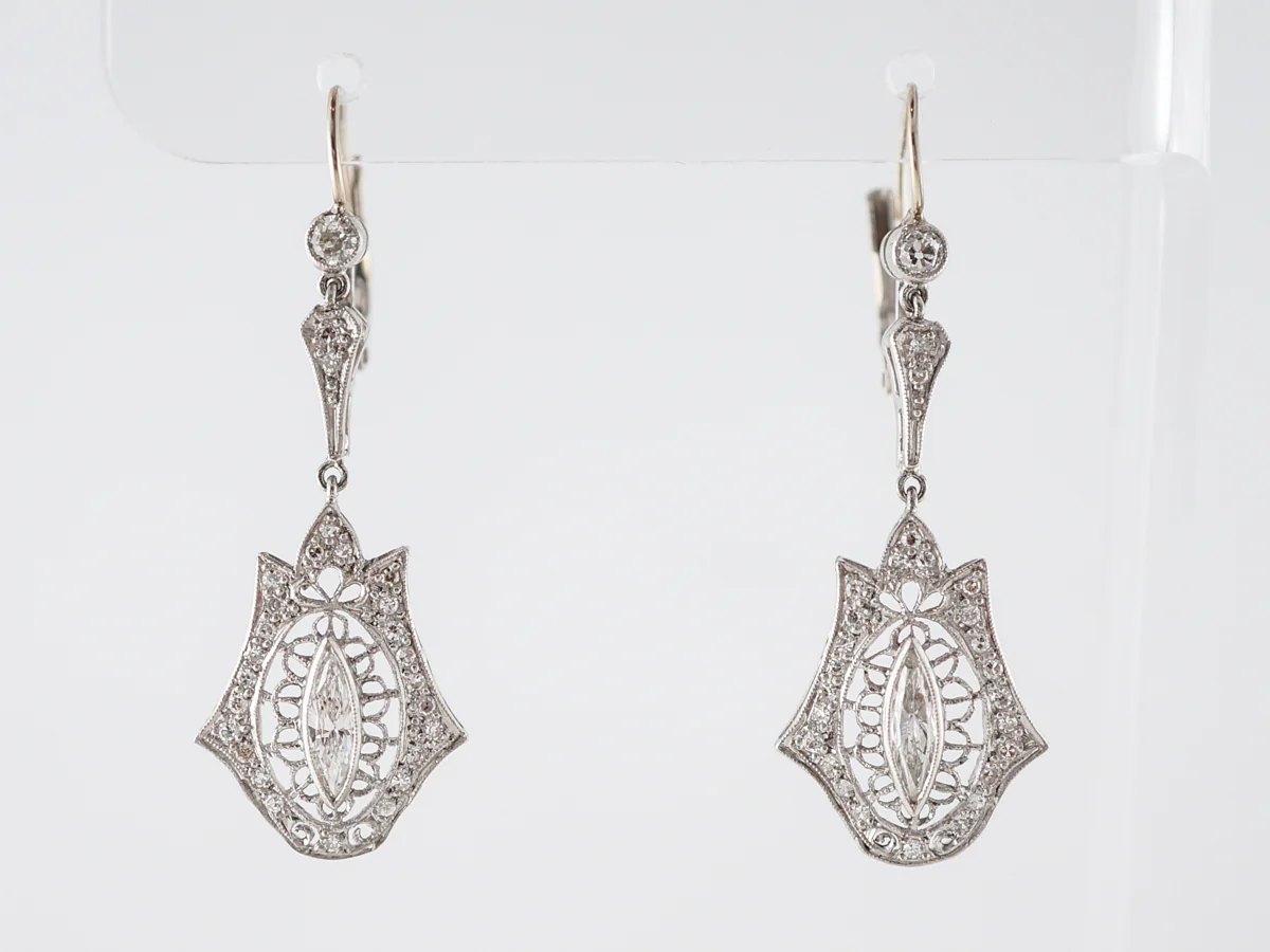 ***RTV 5/23*** Earrings Modern 1.25 Marquise, Old European & Single Cut Diamonds in Platinum & 14k White Gold