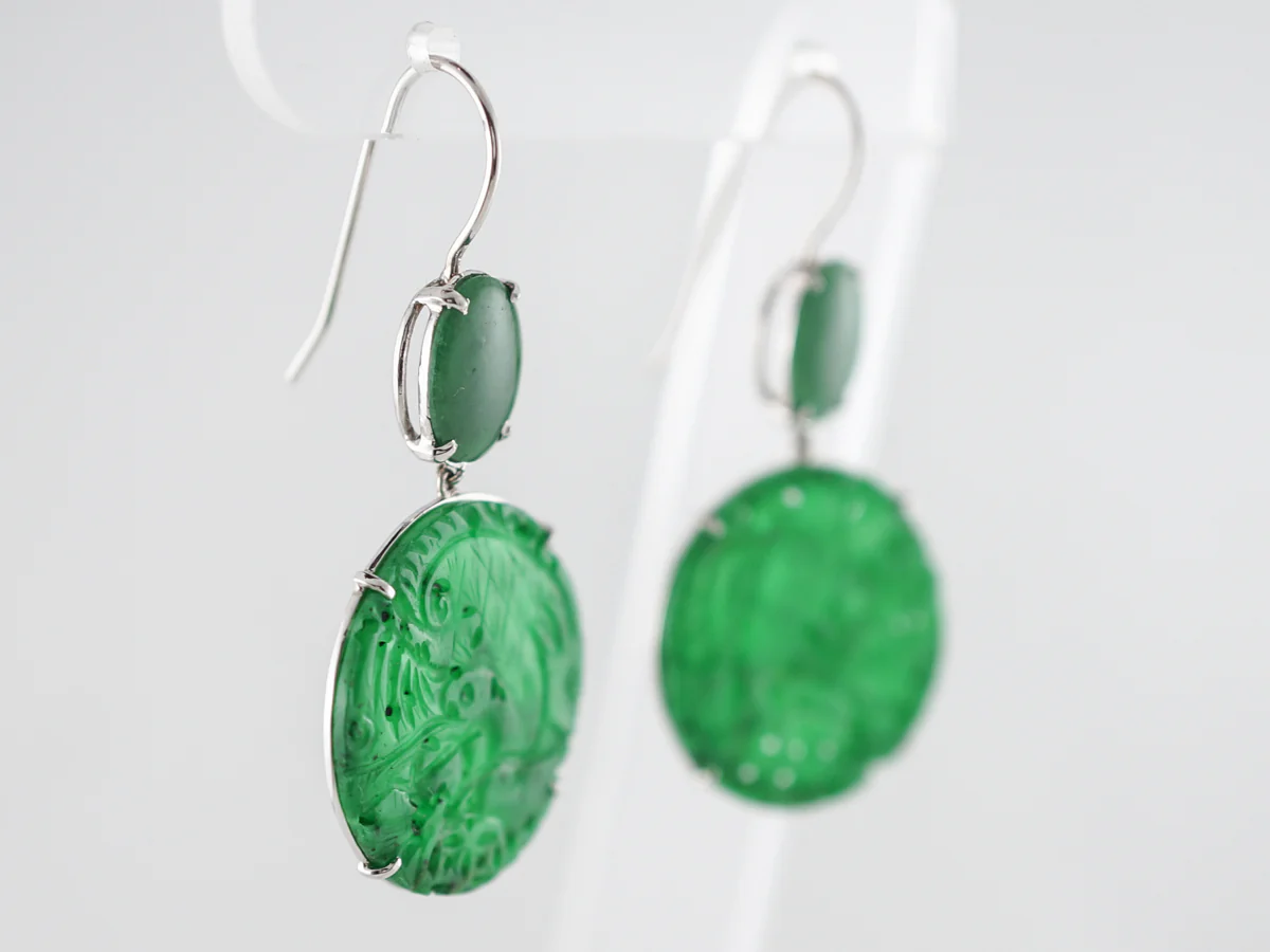 Earrings Modern Cabochon Cut Jade in 14k White Gold - Image 2