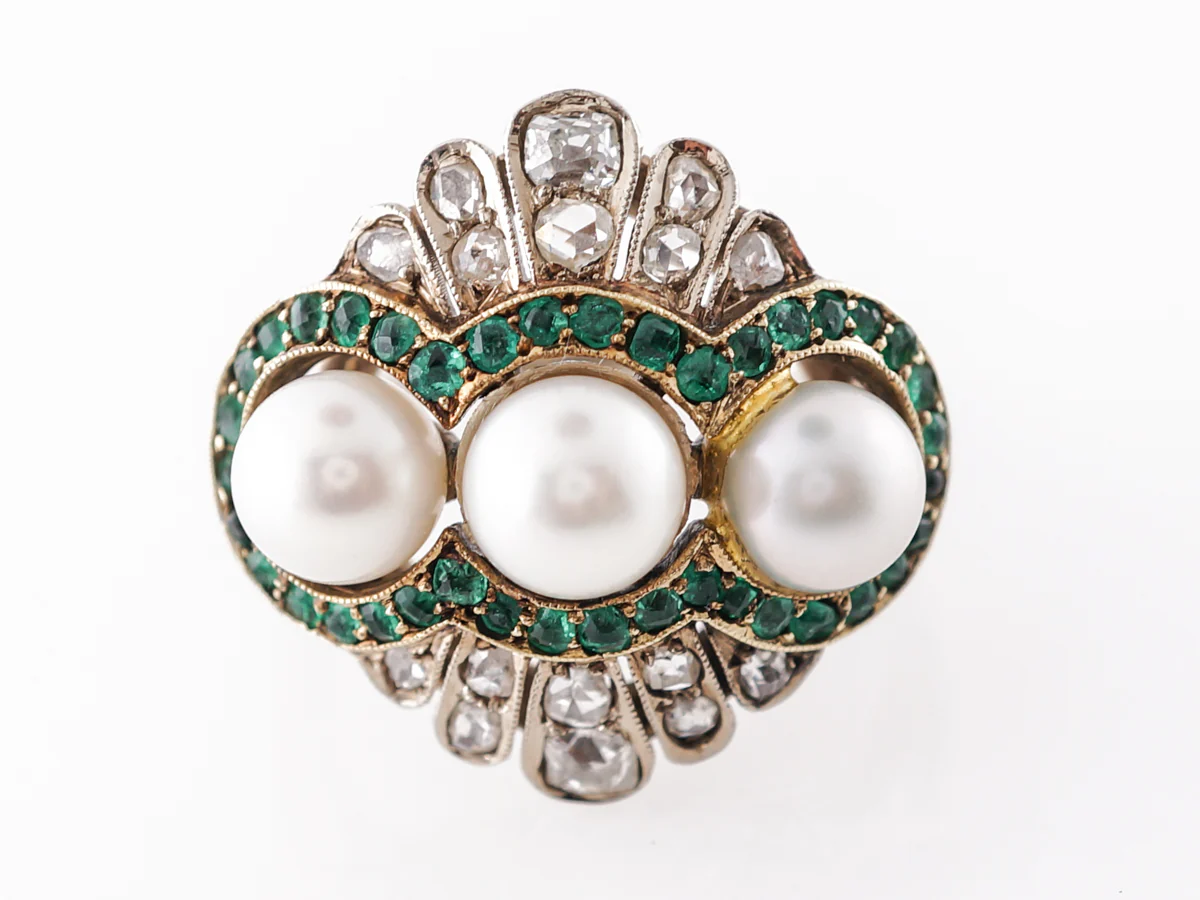 Edwardian Cocktail Ring w/ Pearls, Diamonds & Emeralds Platinum