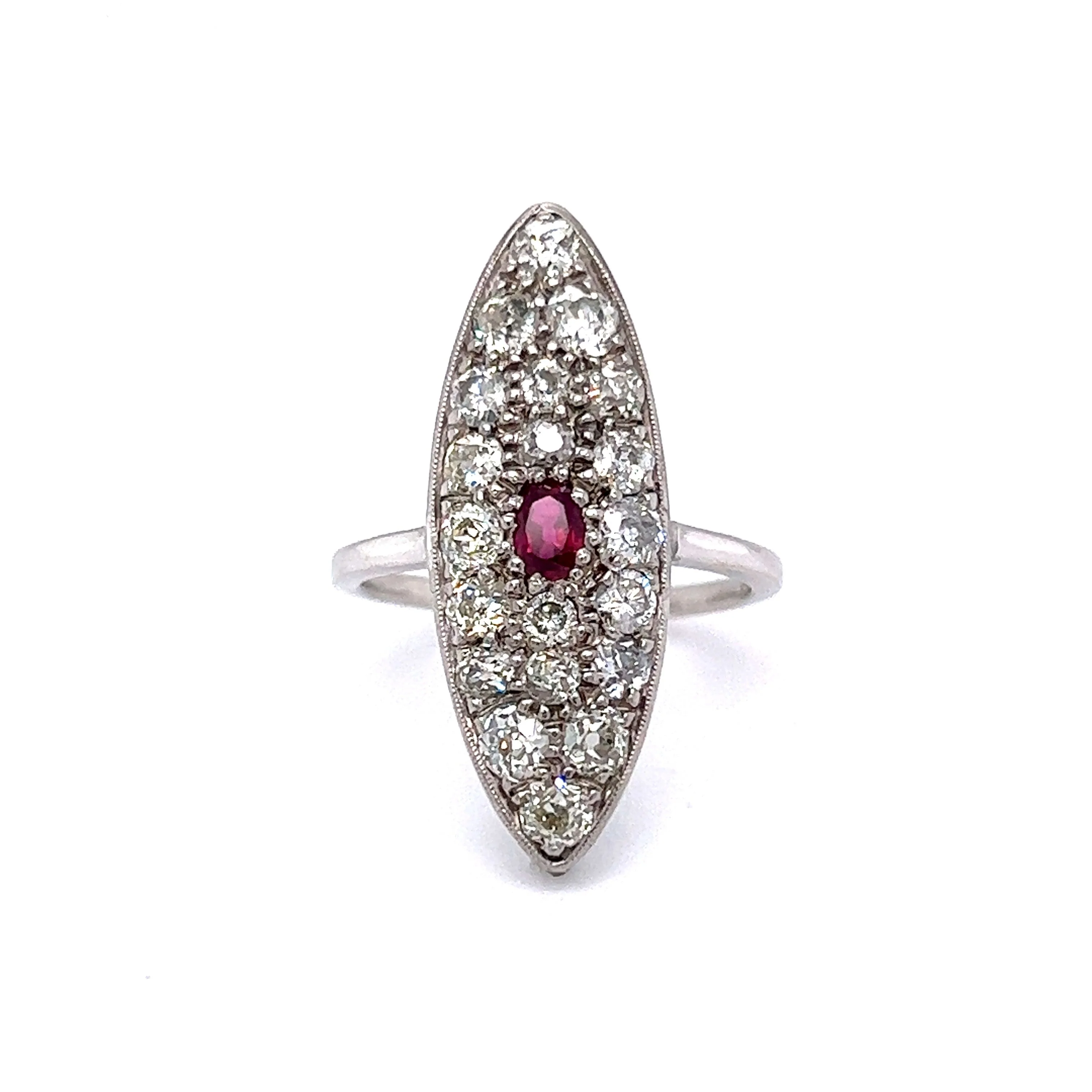 Edwardian Diamond w/ Ruby Navette Ring in 14K