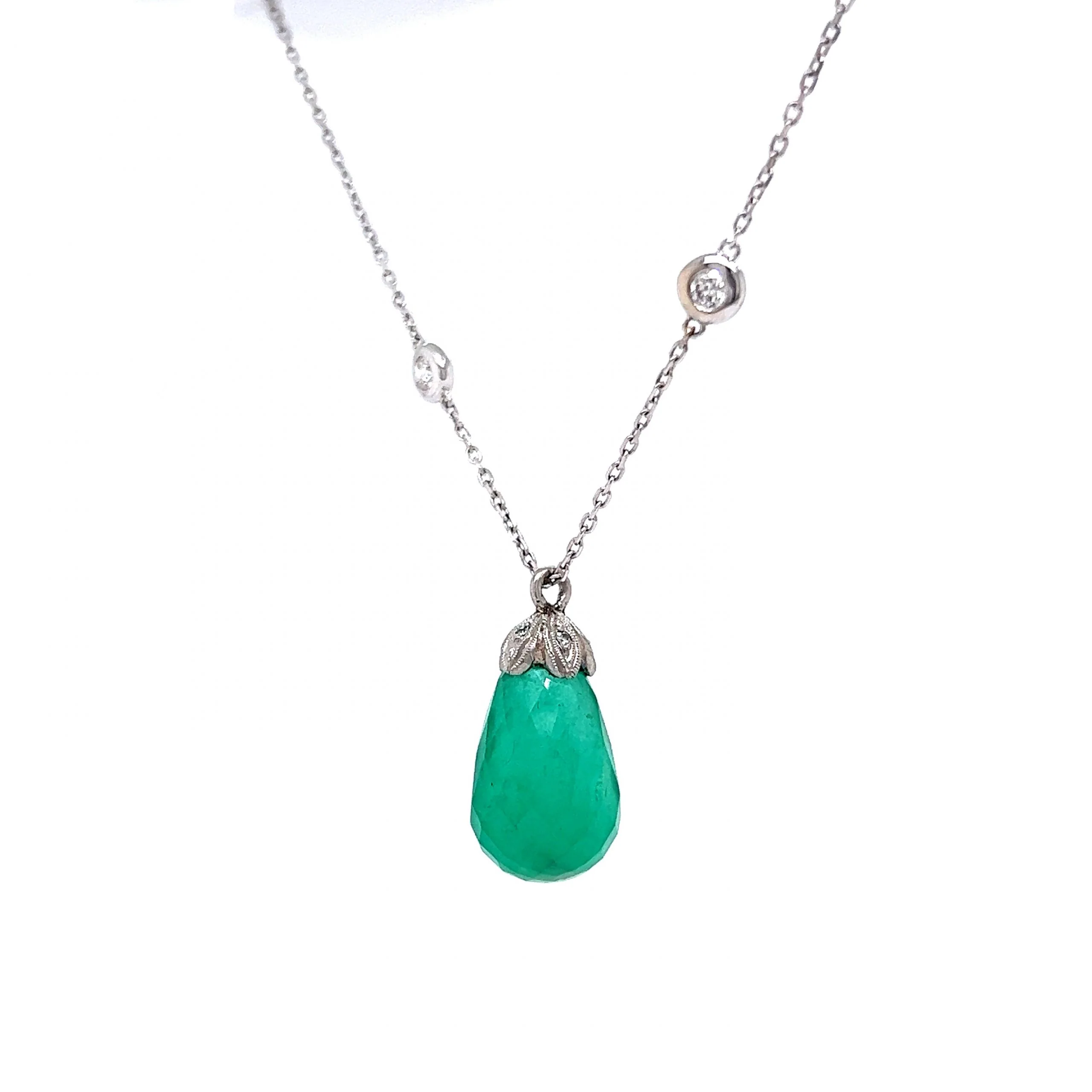 Emerald Briolette Pendant & Diamond Necklace in 14k White Gold - Image 3
