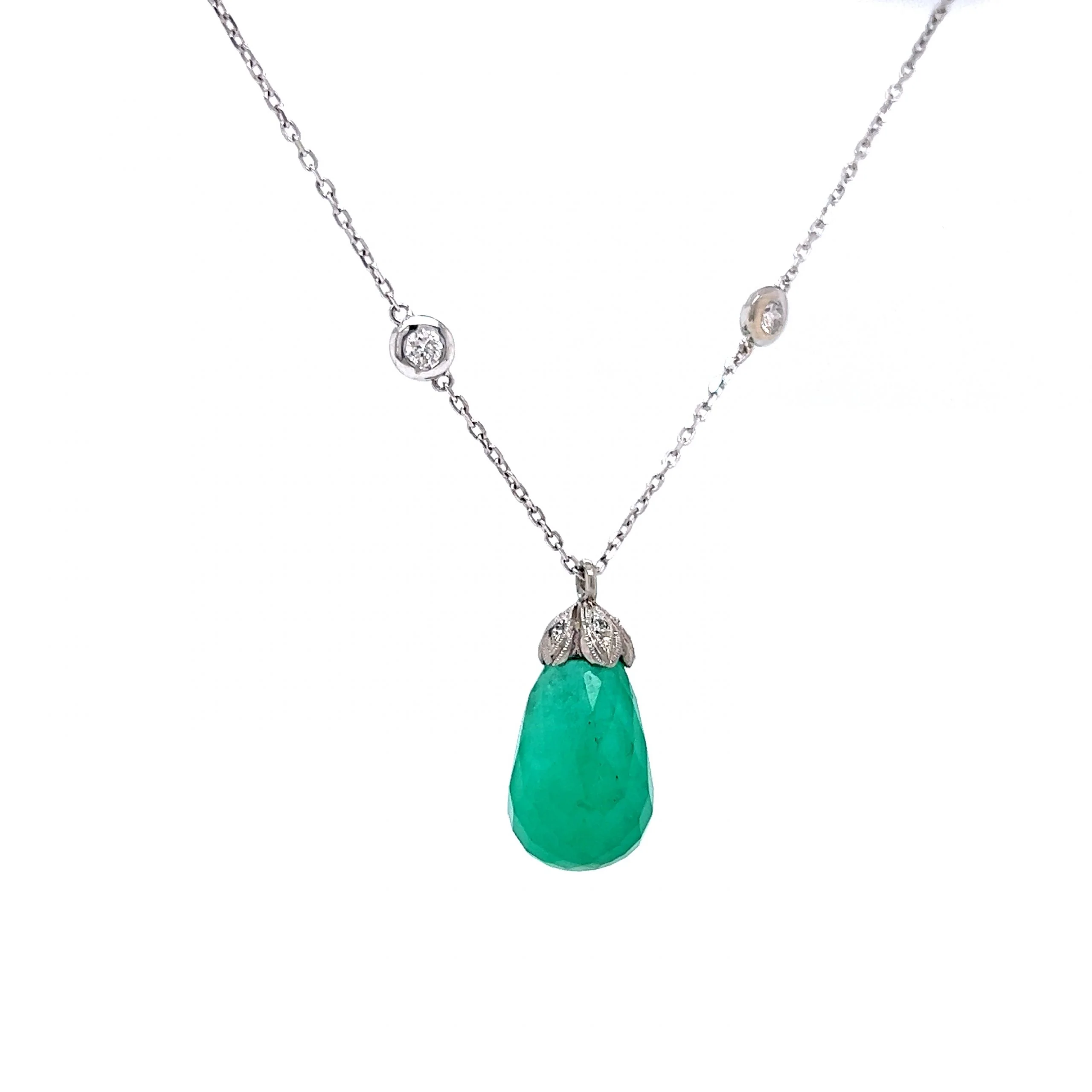 Emerald Briolette Pendant & Diamond Necklace in 14k White Gold - Image 4