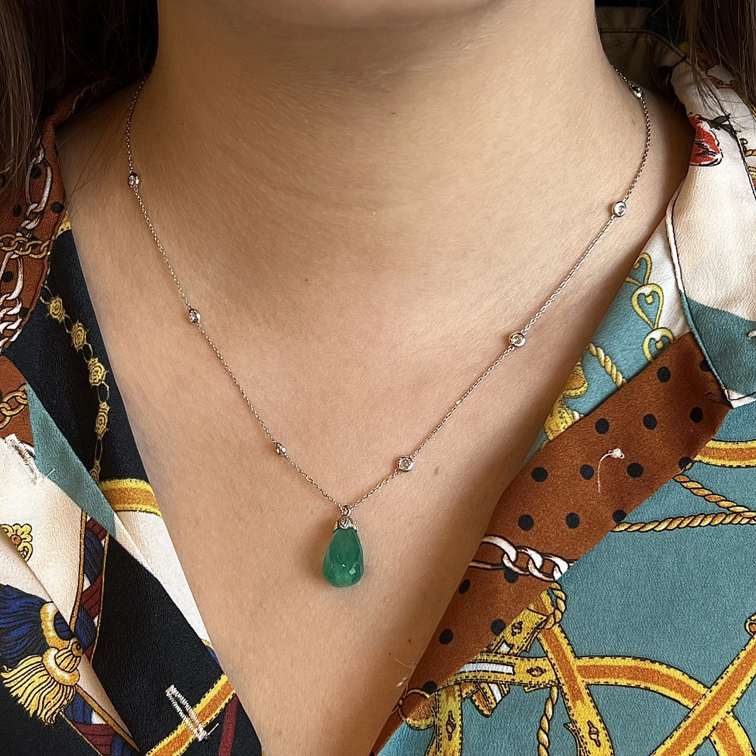 Emerald Briolette Pendant & Diamond Necklace in 14k White Gold - Image 5