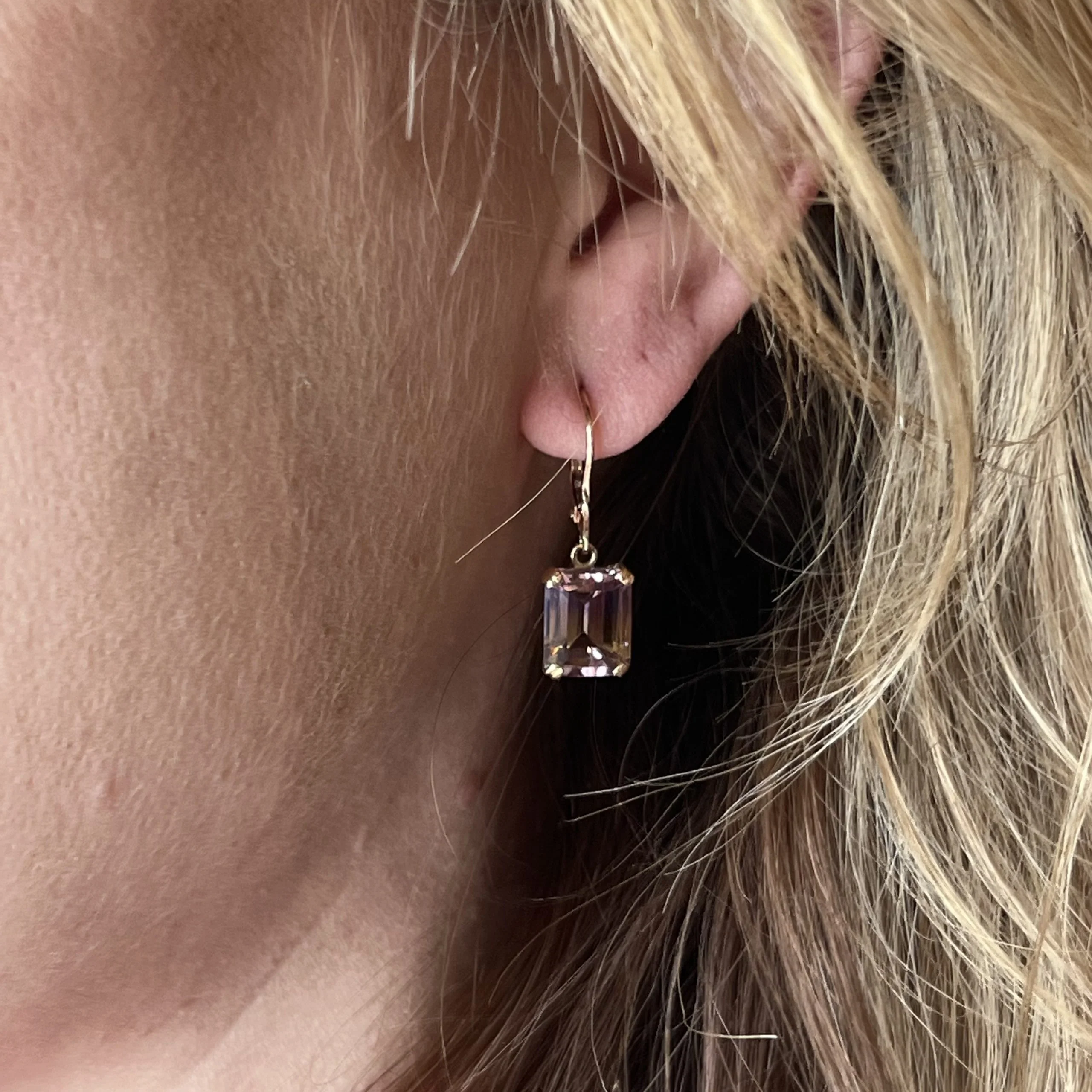 Emerald Cut Ametrine Drop Earrings in 14k Yellow Gold - Image 4