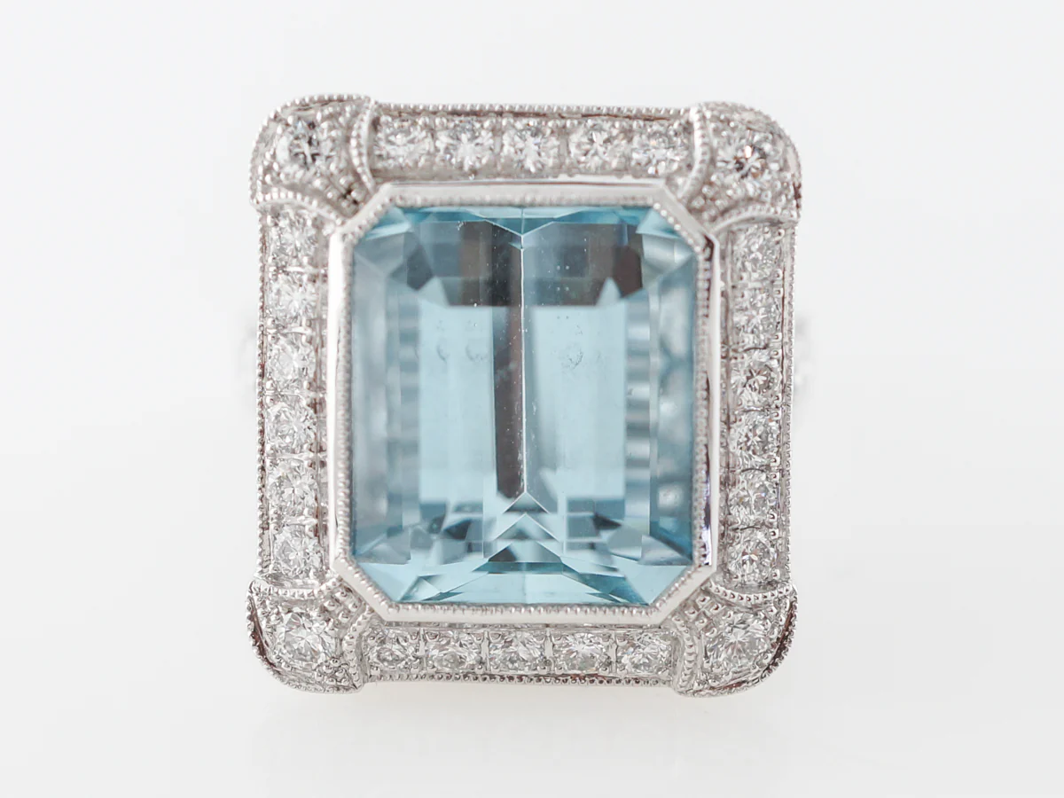 Emerald Cut Aquamarine & Diamond Cocktail Ring