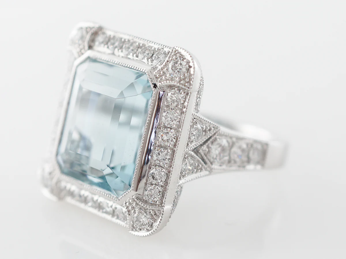 Emerald Cut Aquamarine & Diamond Cocktail Ring - Image 2
