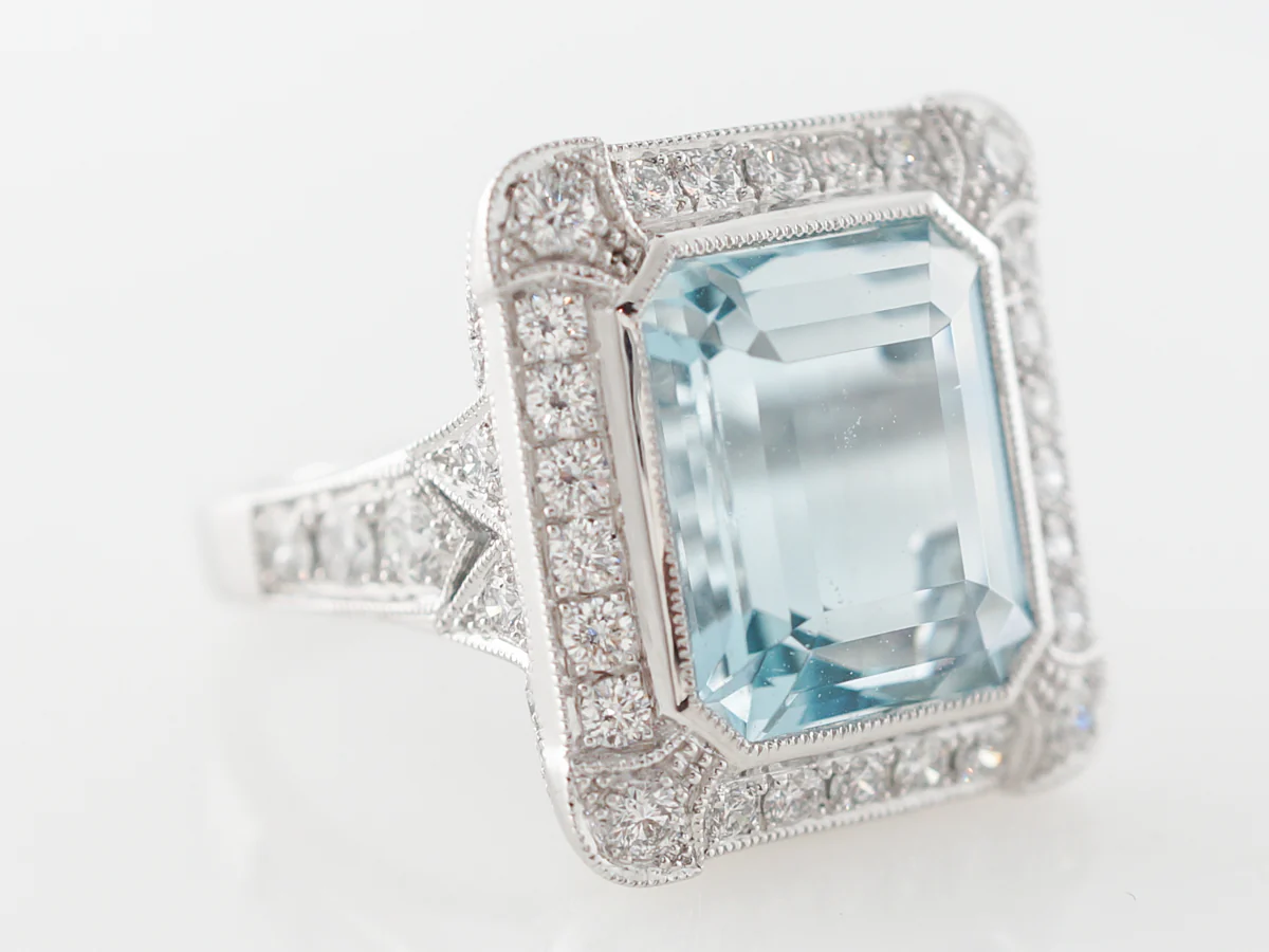 Emerald Cut Aquamarine & Diamond Cocktail Ring - Image 3
