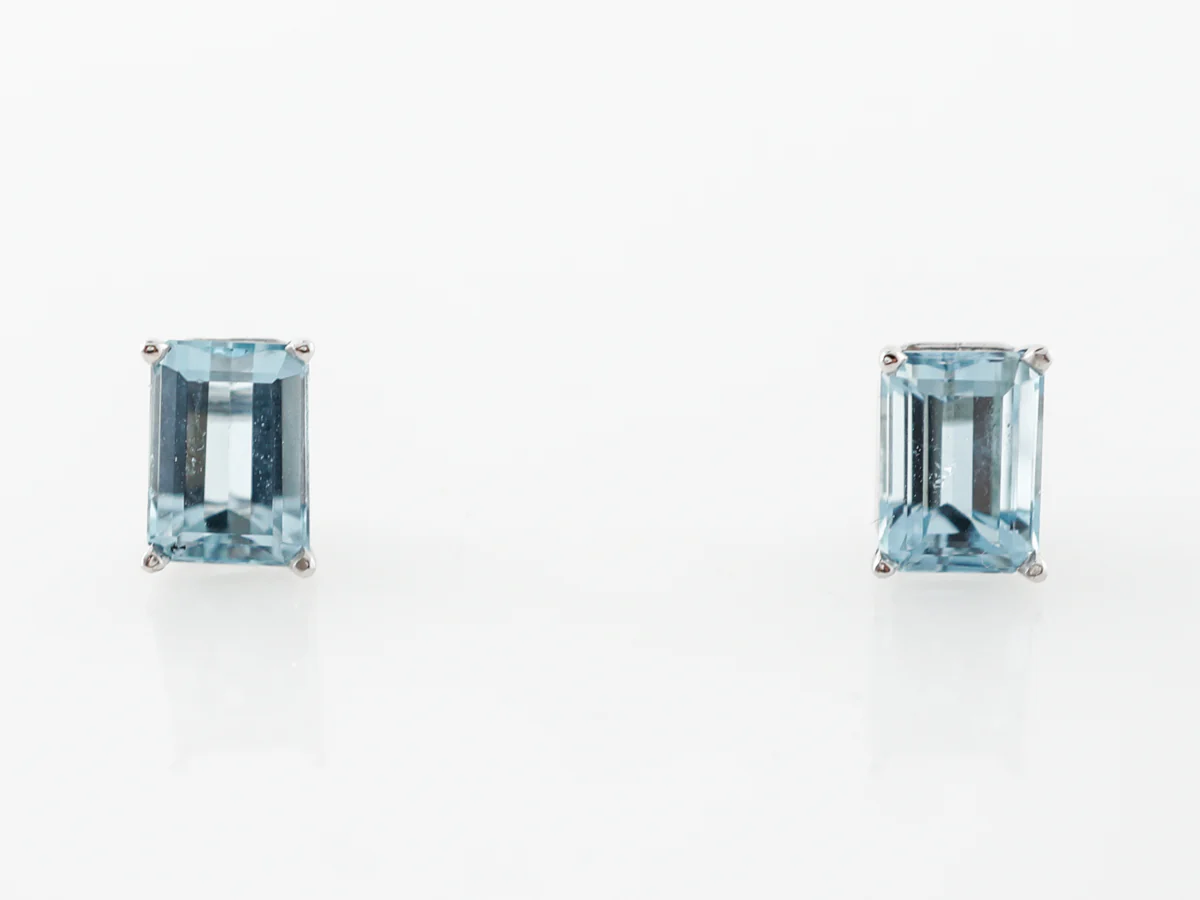 Emerald Cut Aquamarine Earring Studs in White Gold
