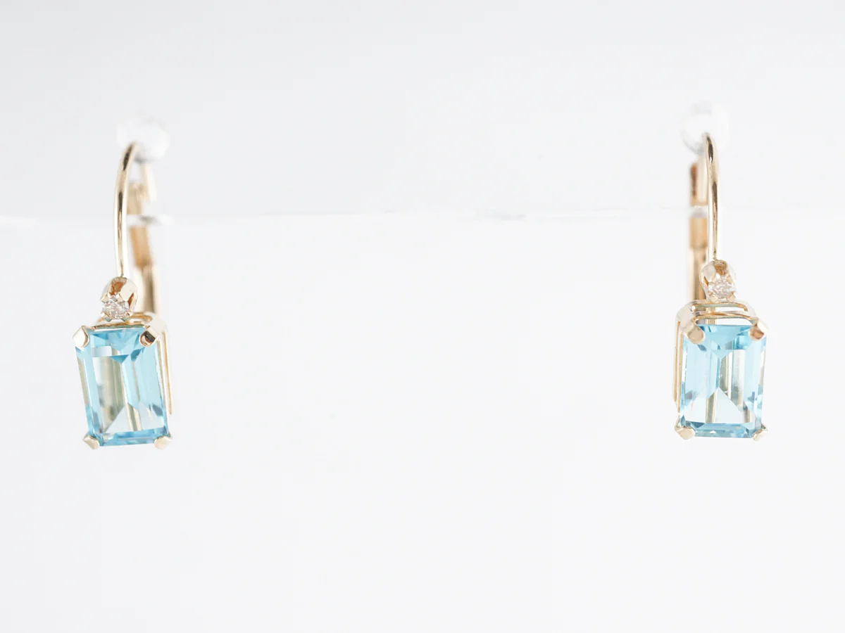 Emerald Cut Aquamarine Earrings w/ Diamonds in Yellow Gold - Image 2