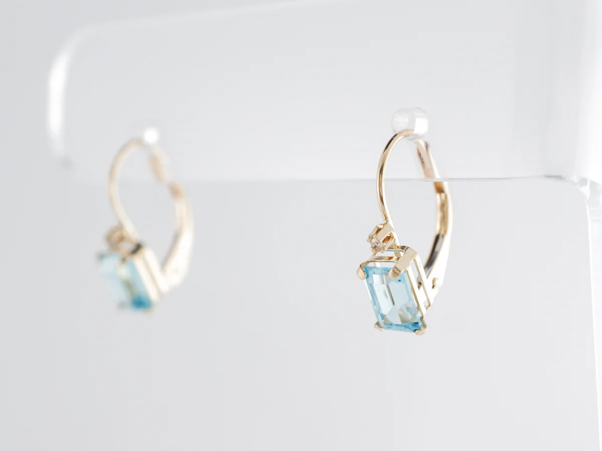 Emerald Cut Aquamarine Earrings w/ Diamonds in Yellow Gold - Image 3