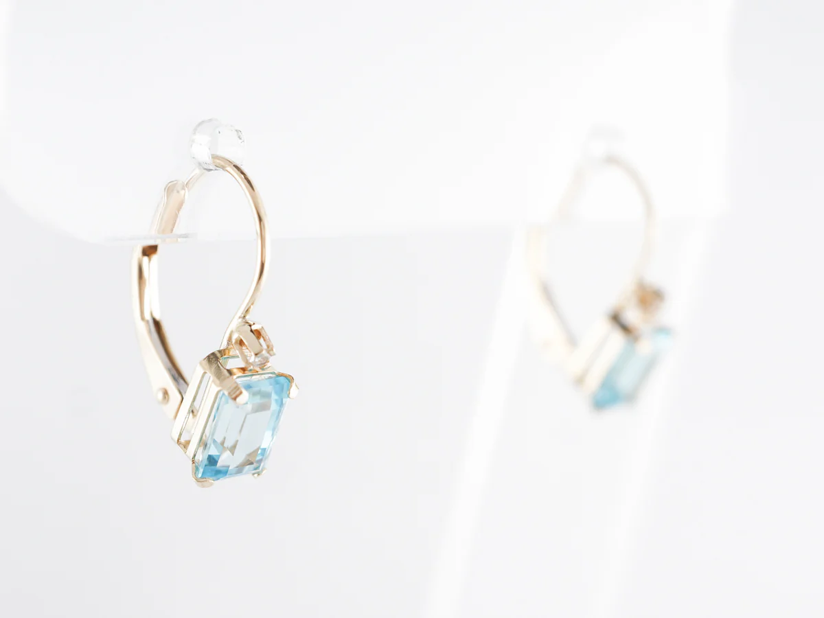 Emerald Cut Aquamarine Earrings w/ Diamonds in Yellow Gold - Image 4