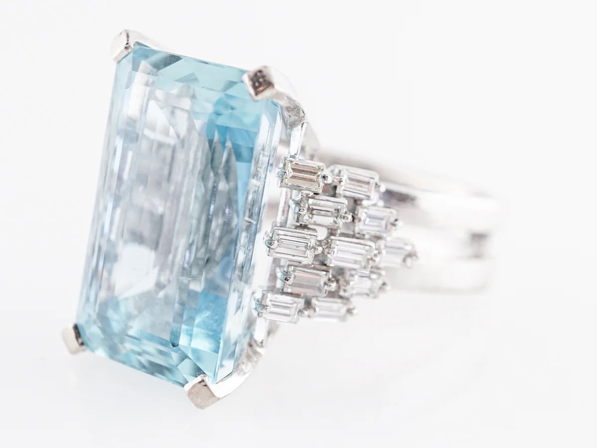 Emerald Cut Aquamarine Ring w/ Baguette Diamonds in 18k - Image 2