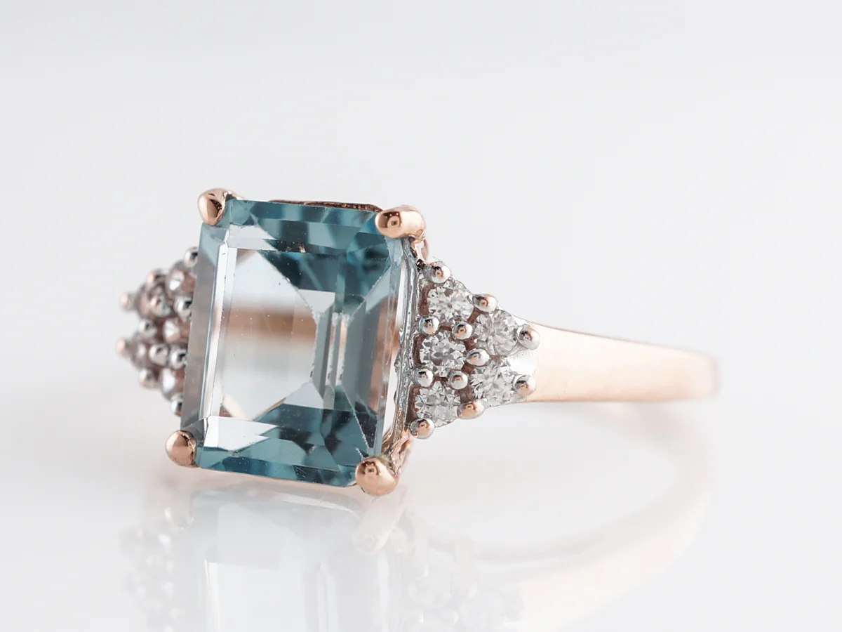 Emerald Cut Aquamarine Ring w/ Diamonds in 10K Rose Gold - Image 2