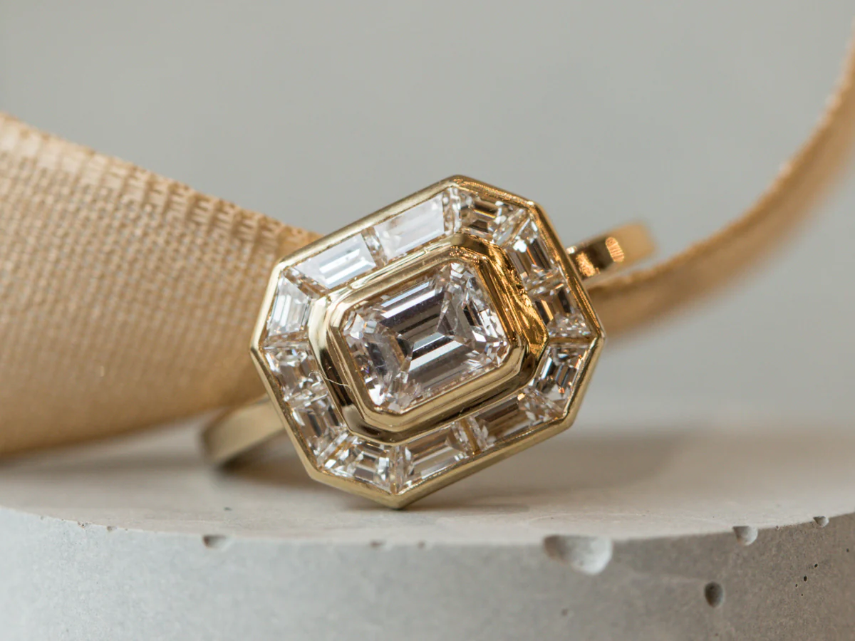Emerald Cut Halo Diamond Engagement Ring in Yellow Gold - Image 6