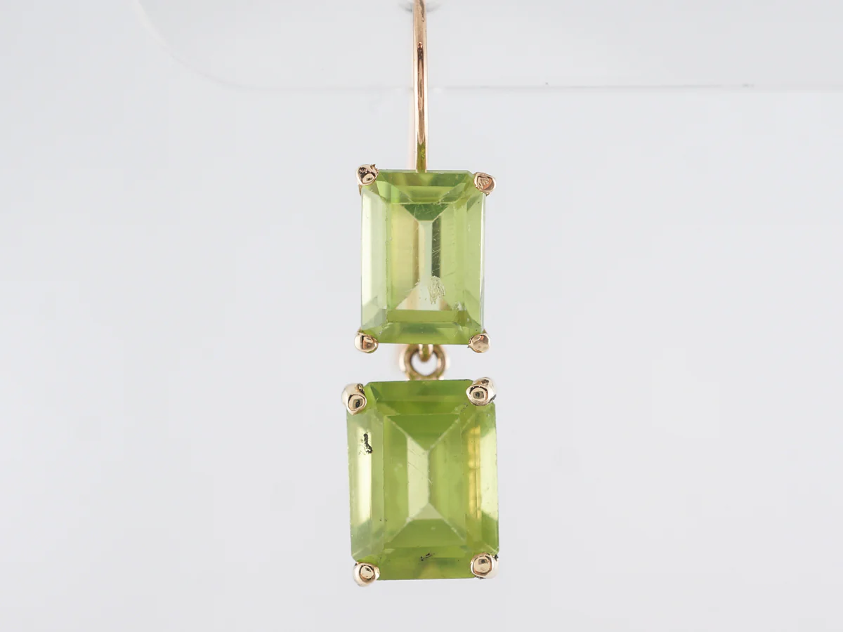 Emerald Cut Peridot Drop Earrings in 14k Yellow Gold - Image 2