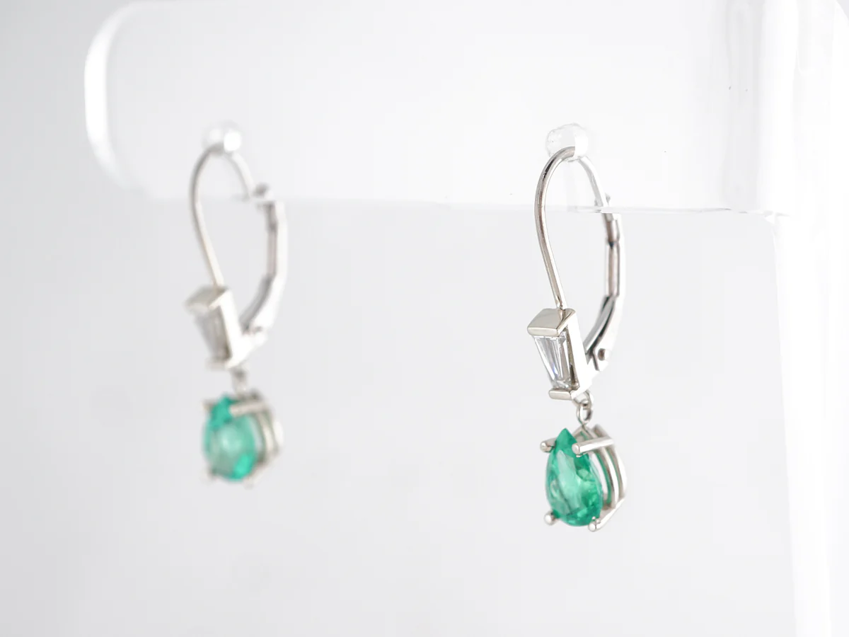 Emerald & Diamond Drop Earrings in 14k White Gold - Image 2