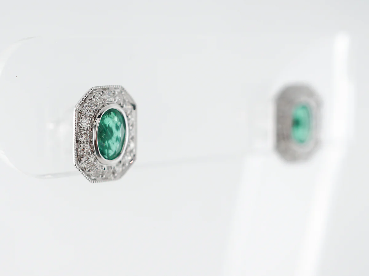 Emerald & Diamond Halo Earrings in 14k White Gold - Image 2
