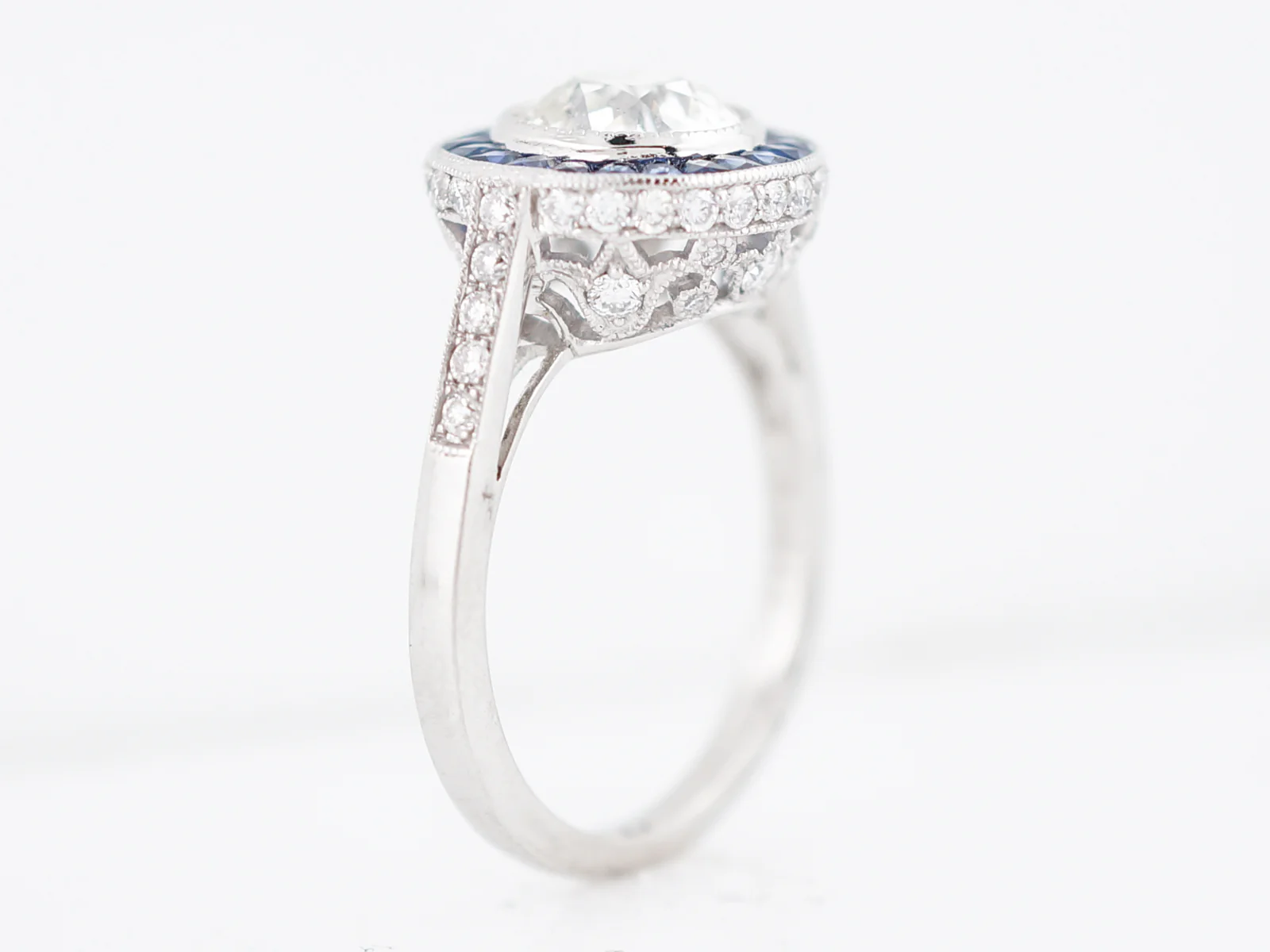 Engagement Ring Modern 1.50 Round Brilliant Cut Diamond & .66 French Cut Sapphires in Platinum - Image 6