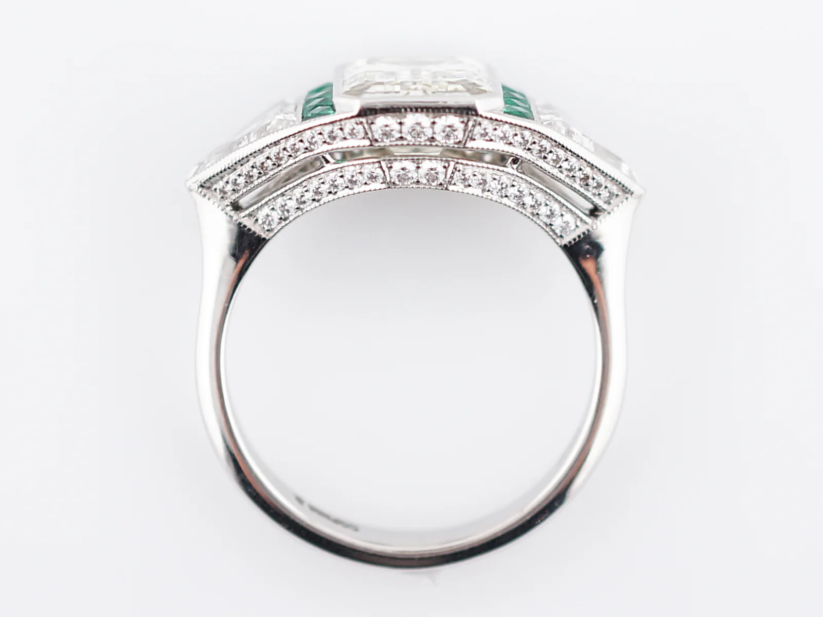 Engagement Ring Modern 2.51 Emerald Cut Diamond & .15 Emeralds in Platinum - Image 6