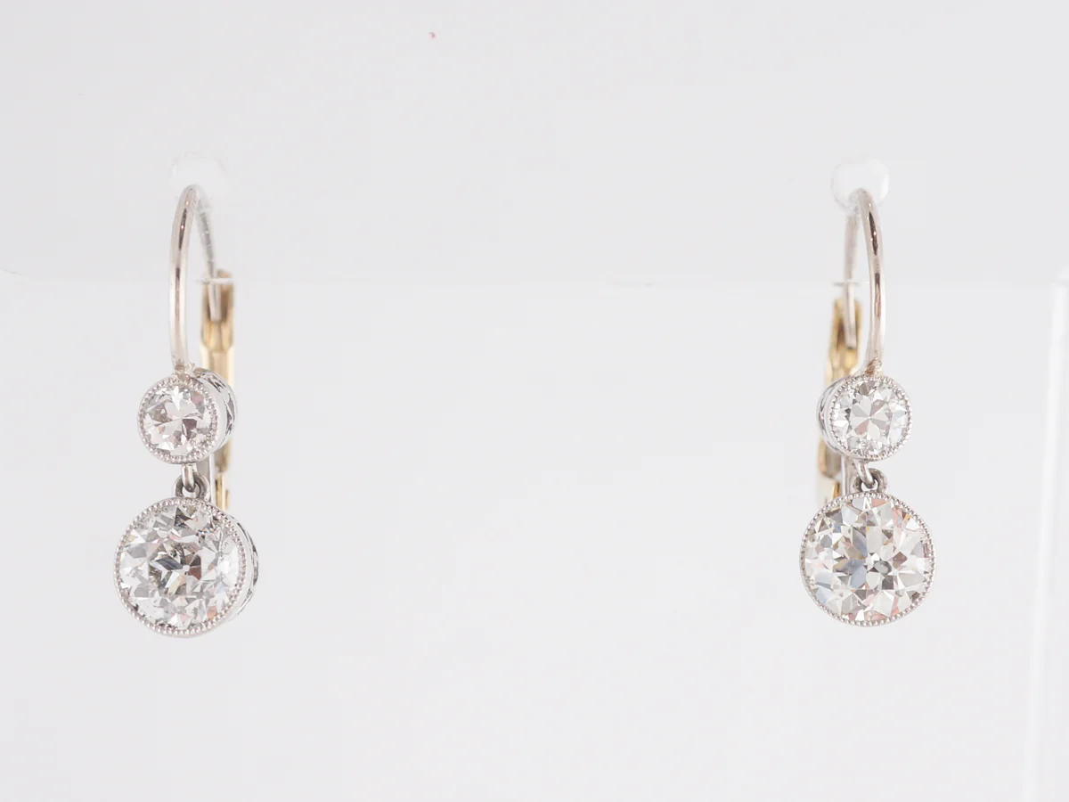 European Cut Diamond Dangle Earrings in Platinum and Yellow Gold