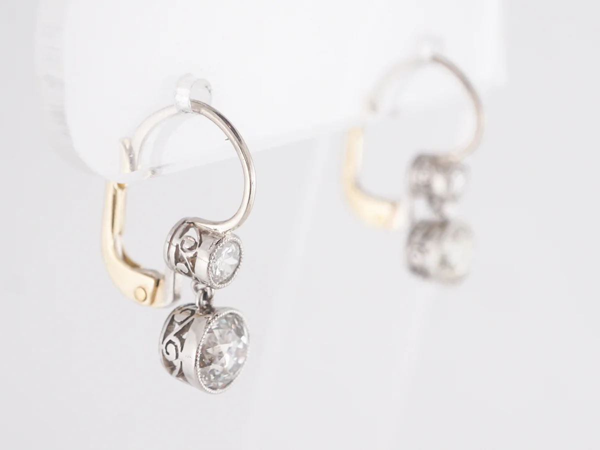 European Cut Diamond Dangle Earrings in Platinum and Yellow Gold - Image 3