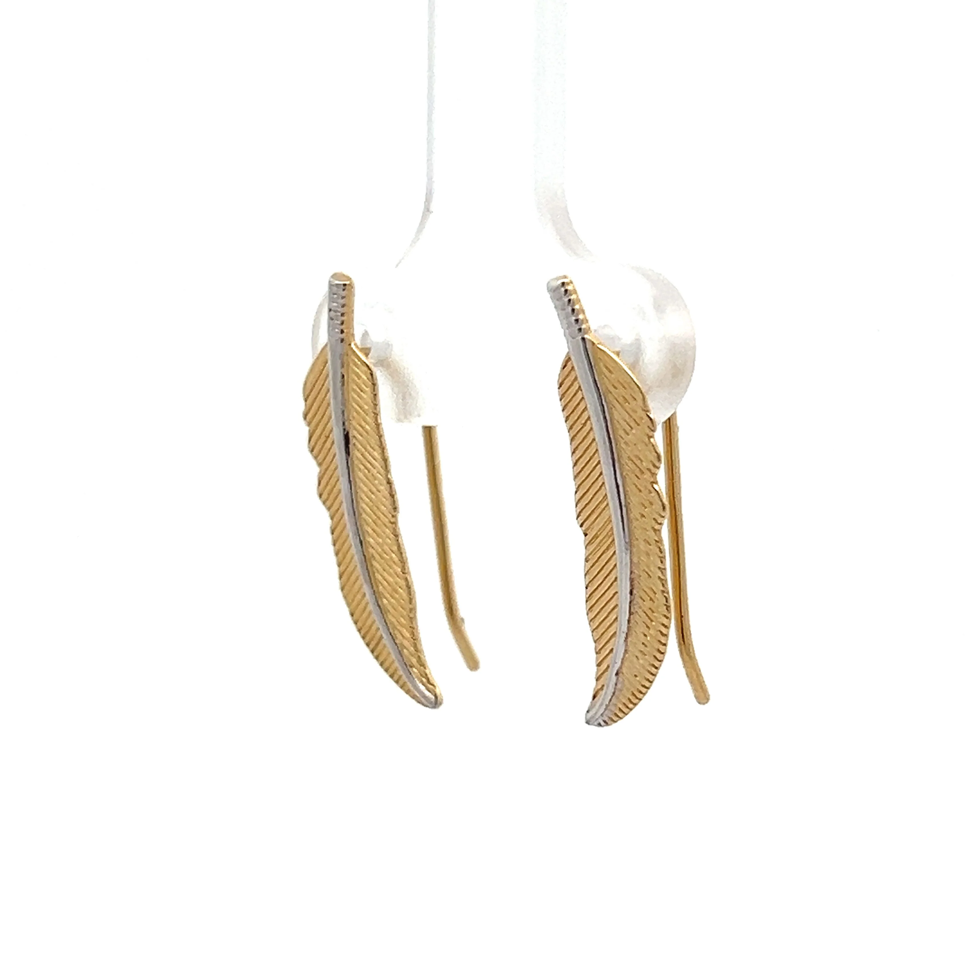 Feather Shaped Stud Earrings in 14k Yellow & White Gold - Image 2