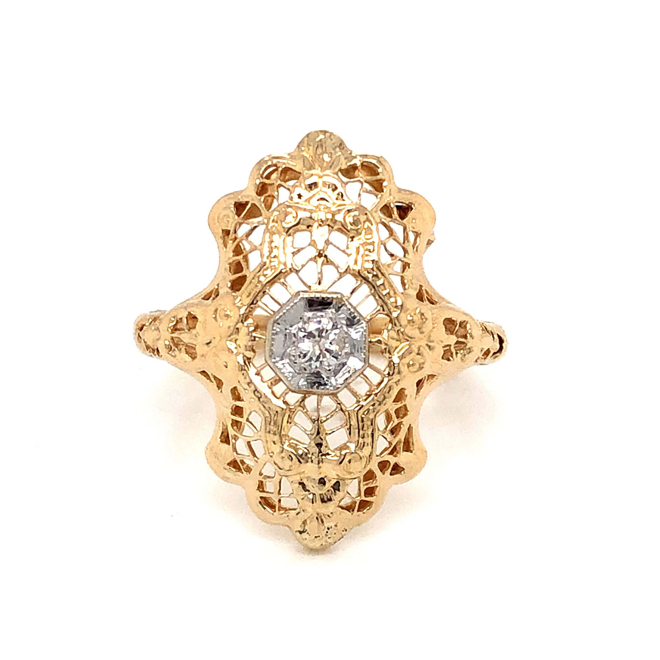 Filigree Diamond Cocktail Ring in 14k Yellow and White Gold