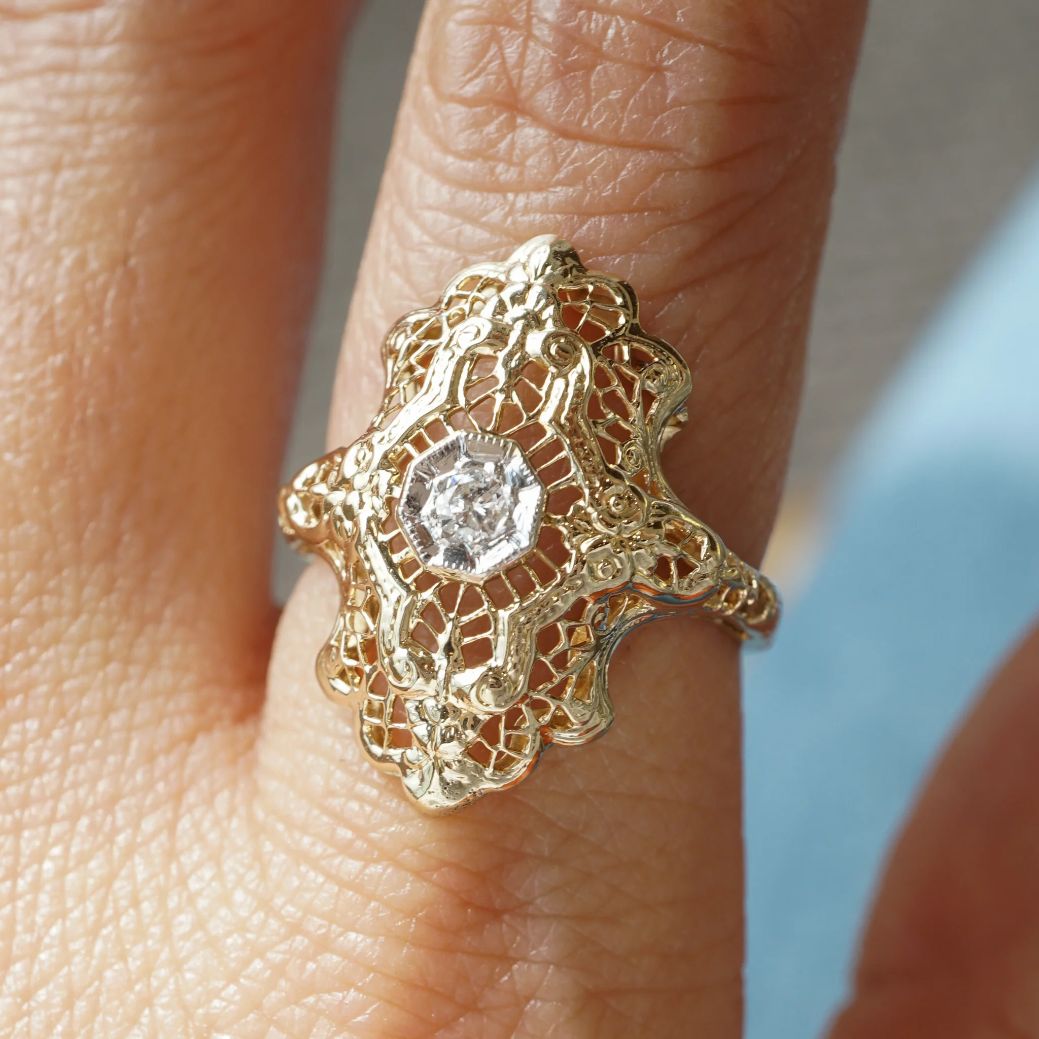 Filigree Diamond Cocktail Ring in 14k Yellow and White Gold - Image 4