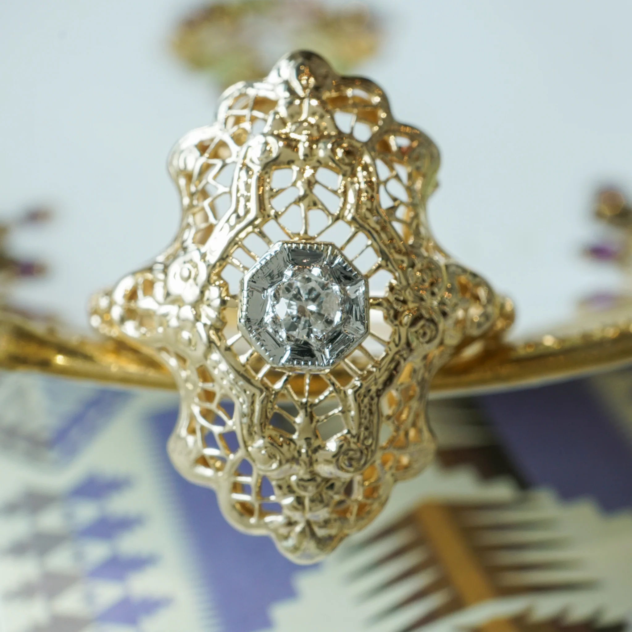 Filigree Diamond Cocktail Ring in 14k Yellow and White Gold - Image 5