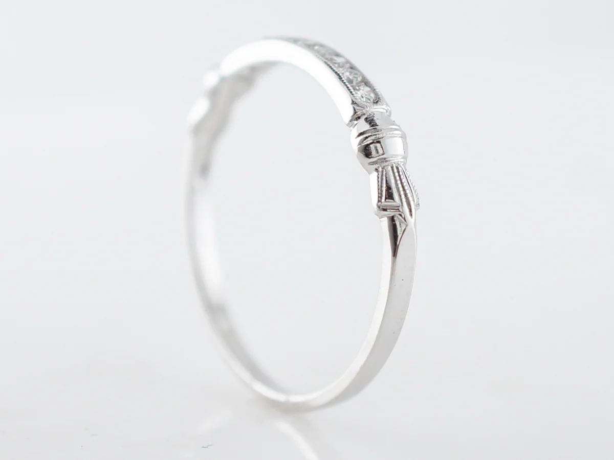 Fleur De Lis Vintage Art Deco Diamond Wedding Band in 18k White Gold - Image 5