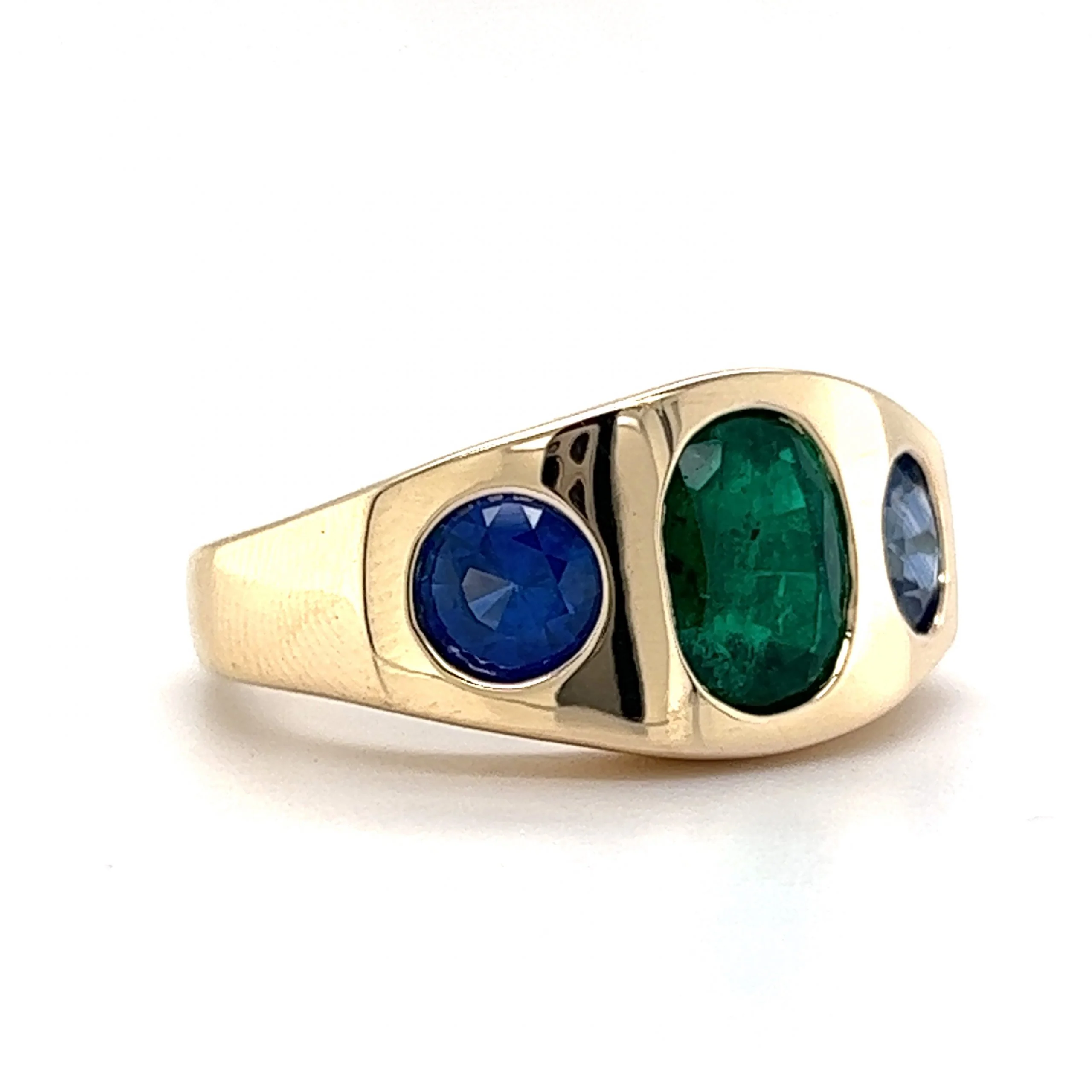 Flush Set Emerald & Sapphire Cocktail Ring 14k Yellow Gold - Image 3