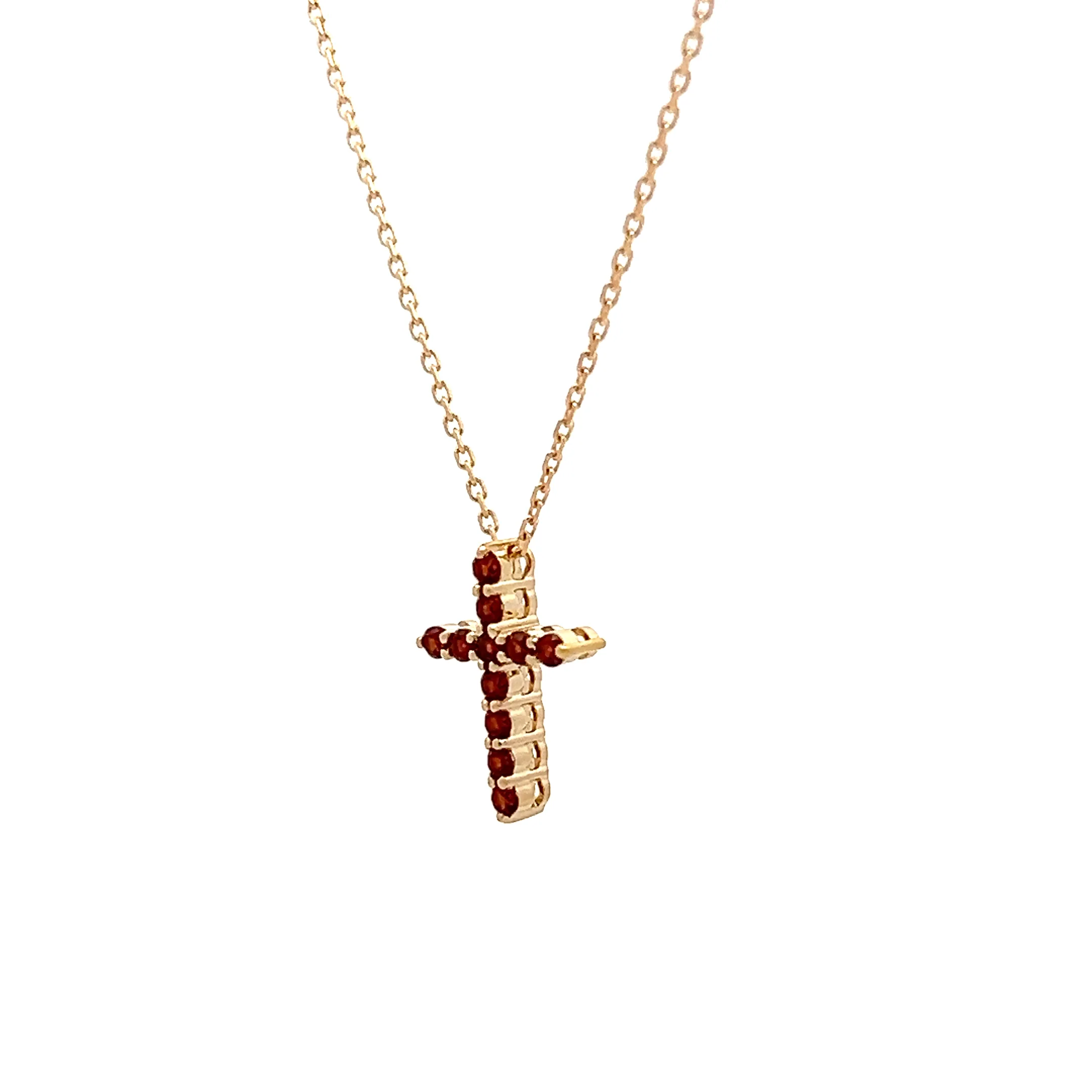 Garnet Cross Pendant Necklace 14k Yellow Gold - Image 2